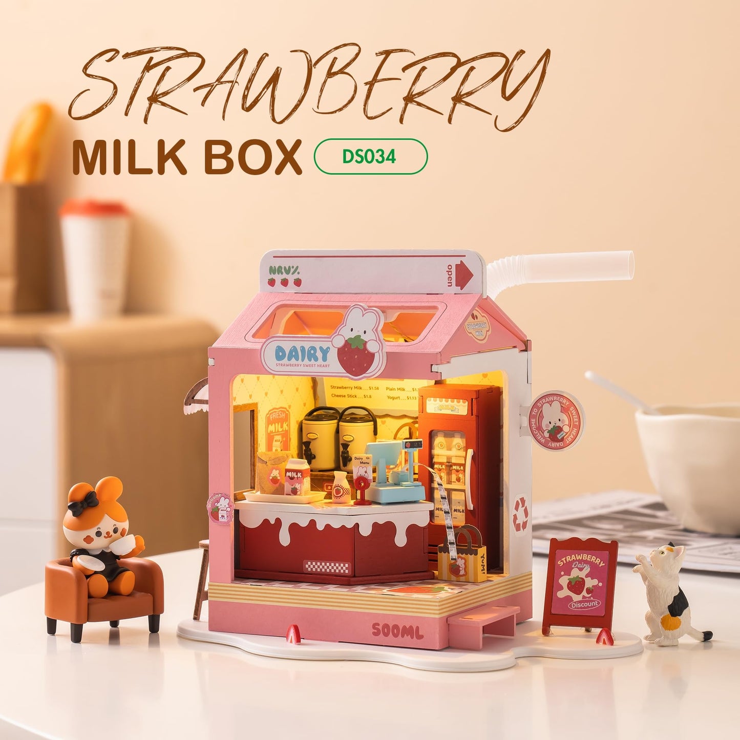 Rolife DIY Mini House Building Miniature Kit Milkbox, Miniverse Lifestyle Bookshelf Decoration, Cute Craft Kits for Women, Kawaii Gifts Hobbies for Crafters (Strawberry Milkbox)
