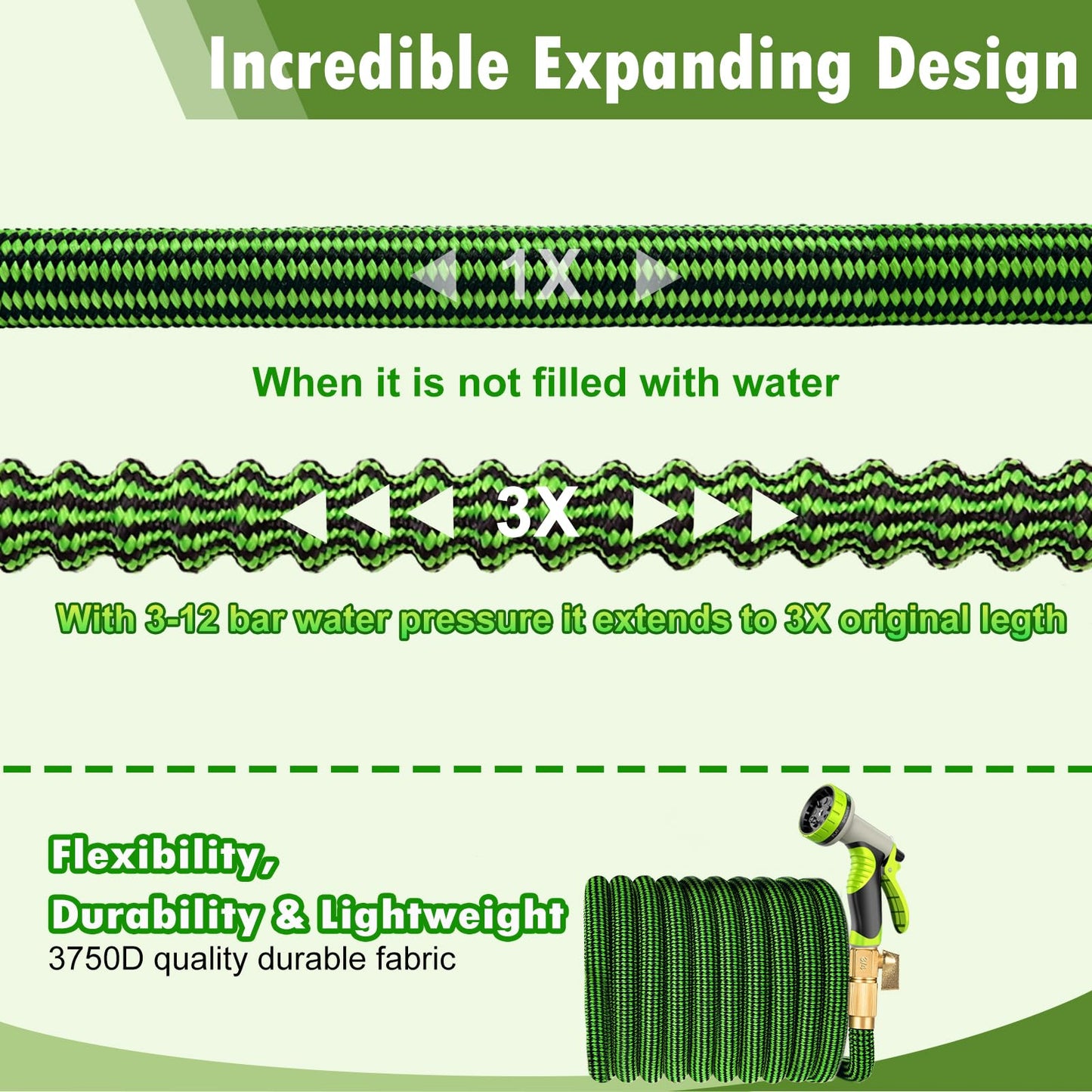 Lachesis Expandable Garden Hose, 50ft Retractable Water Hose Flexible Garden Hose with 10 Function Nozzle, 3/4" Solid Brass Fittings and 3-Layers Latex, 50ft Kink Free Lightweight Leakproof Pipe