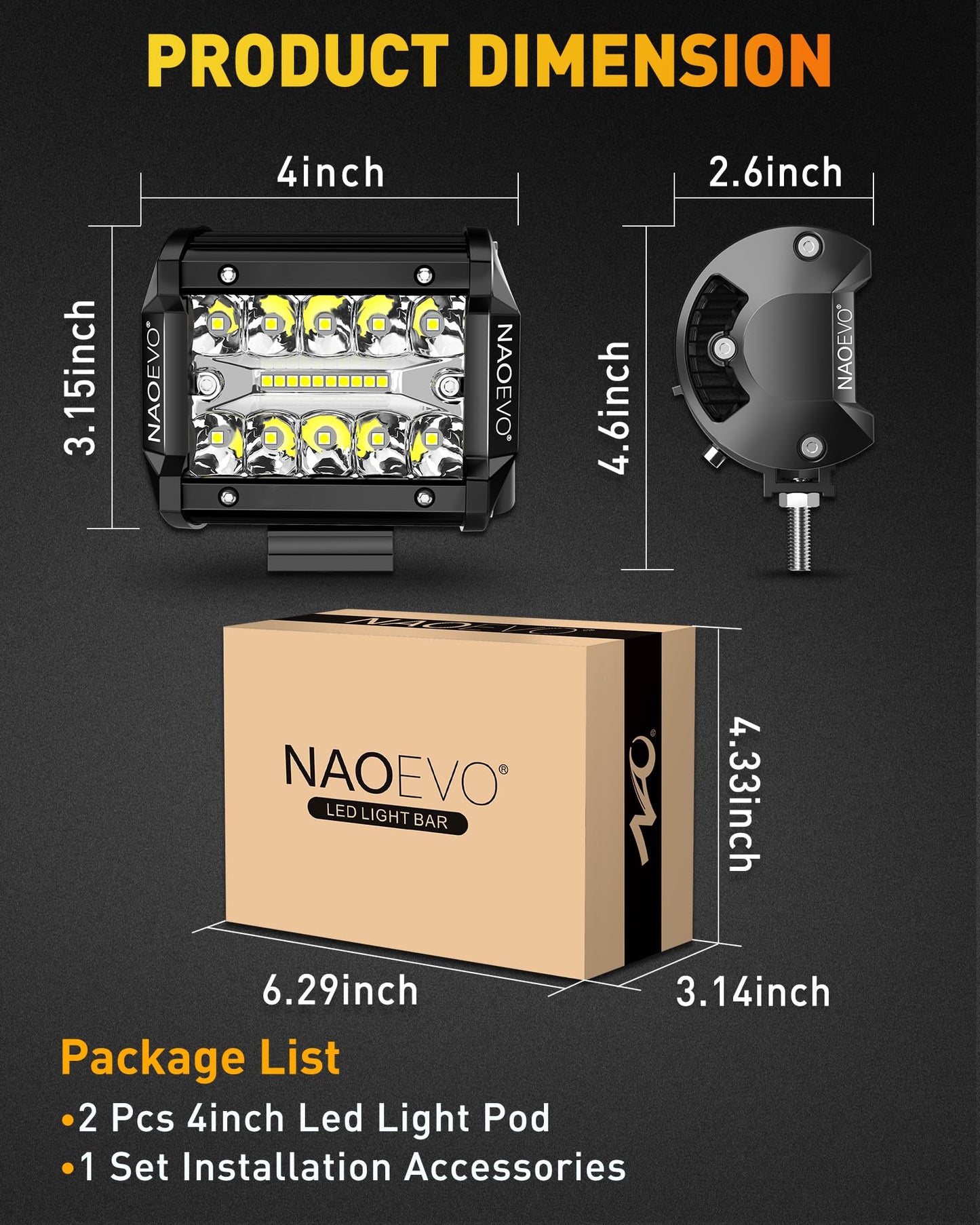 NAOEVO 4 Inch LED Pod Lights, 120W 12,000LM LED Fog/Driving/Off Road Lights LED Light Bar with Spot Flood Combo, Cube Pods for Truck Boat ATV UTV, 2 Pcs (White)
