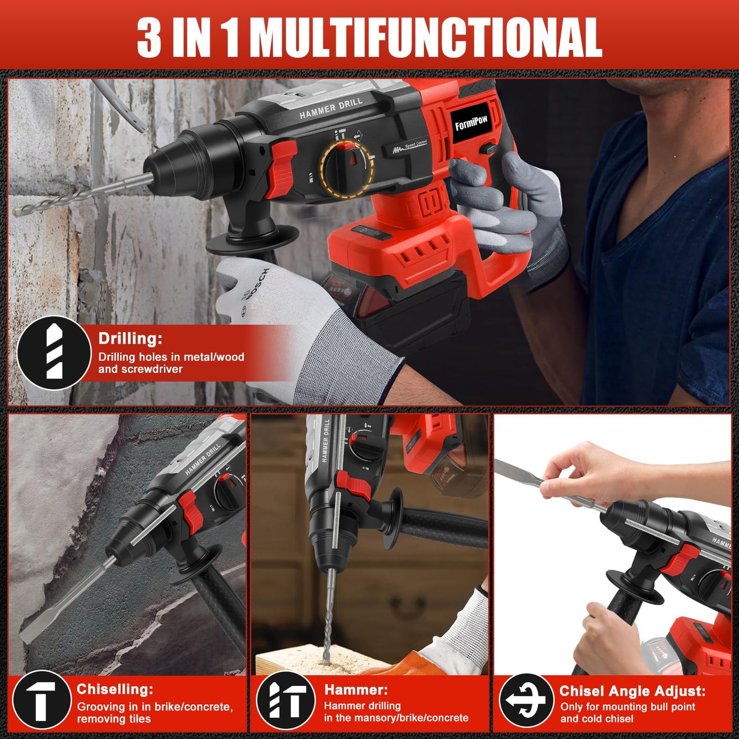 FormiPow SDS-Plus Rotary Hammer Drill for Milwaukee M18 Battery, 2.6J Impact Brushless Hammer Drill, 4 Mode Operation, 360° Rotating Cordless Hammer Drills with 5 PCS Drill & Chisel Set (No Battery)