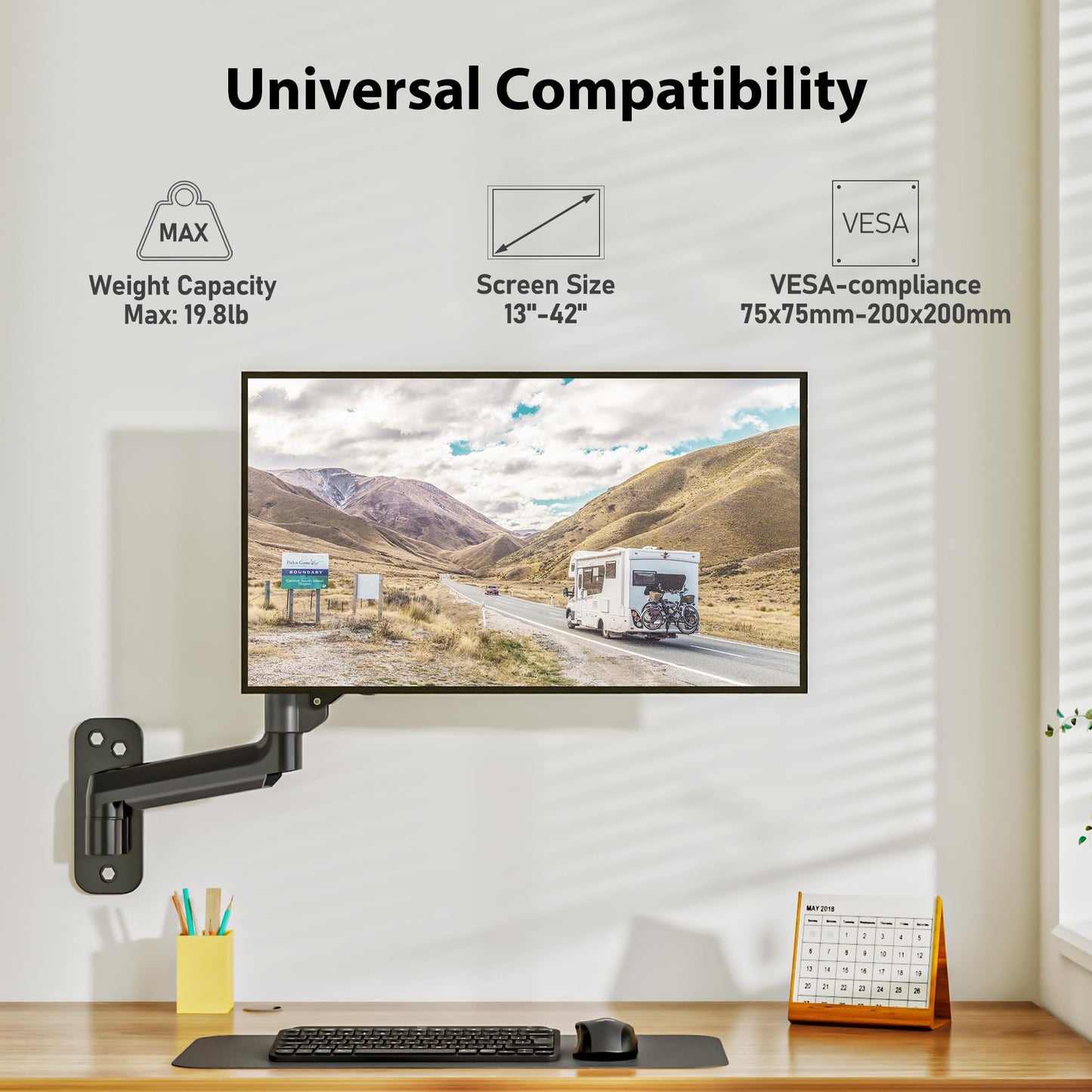 BONTEC Monitor Wall Mount for 13-42 Inch Screens Up to 19.8lbs, Single VESA Mount with Gas Spring Adjustable Tilt Swivel Rotation Arm, Full Motion Wall Bracket with Cable Management Fits 75/100/200