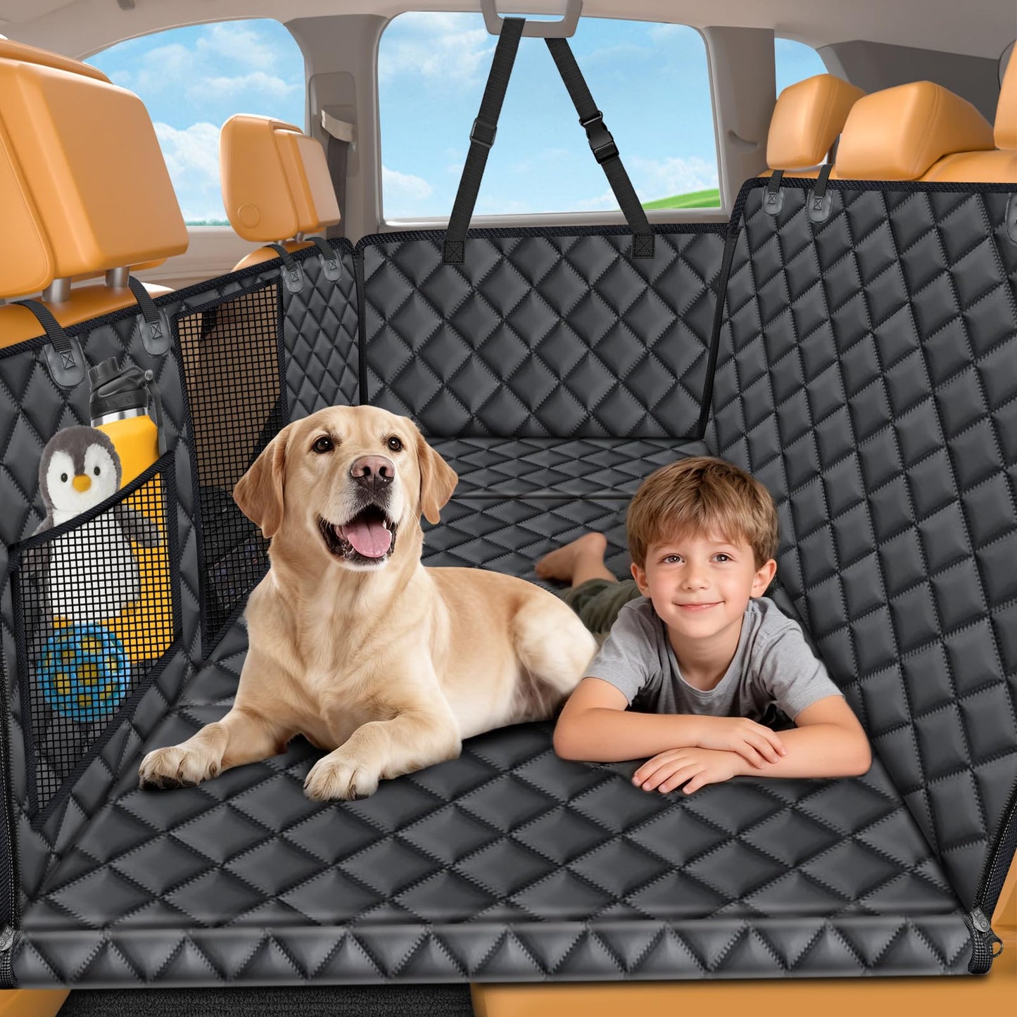 URPOWER Backseat Extender for Dogs - Hard Bottom Dog Car Seat Cover for Back Seat, Foldable Dog Hammock for Car, SUV, and Truck, Pet Rear Seat Protector Dogs Travel Bed with Mesh Window & Side Flaps