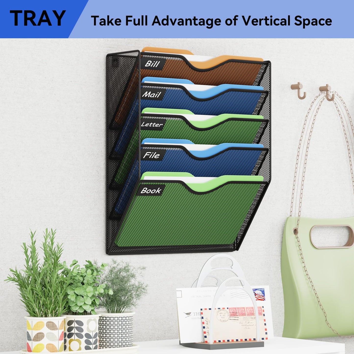 GDINDINFAN 5 Pockets Mesh Hanging Wall File Holder Organizer Wall Mounted Paper Magazine Rack, Black