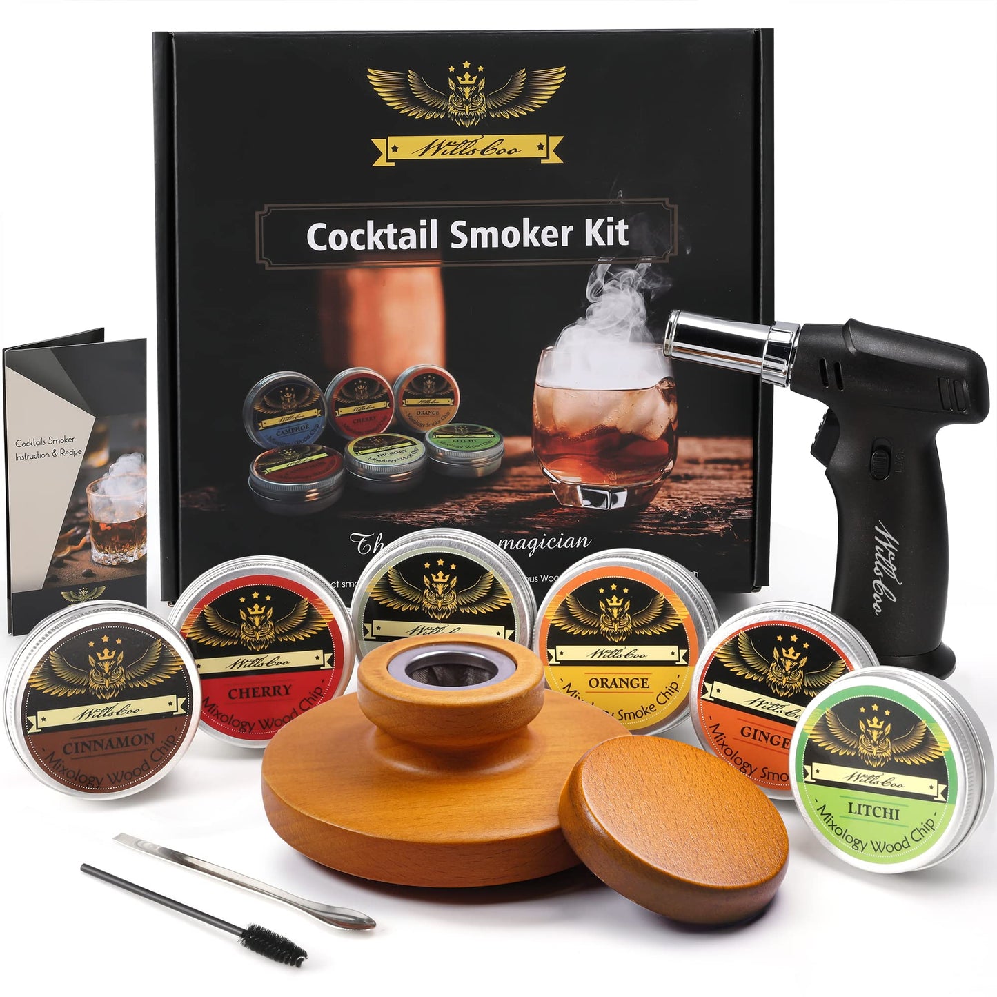 WillsCoo Cocktail Smoker Kit – Premium Handcrafted Wood Whiskey & Cocktail Smoker with Torch & 6 Natural Flavor, Gift-Ready Home Bar Set for Old Fashioned, Bourbon, Spirits & Mixology, Gift for Men