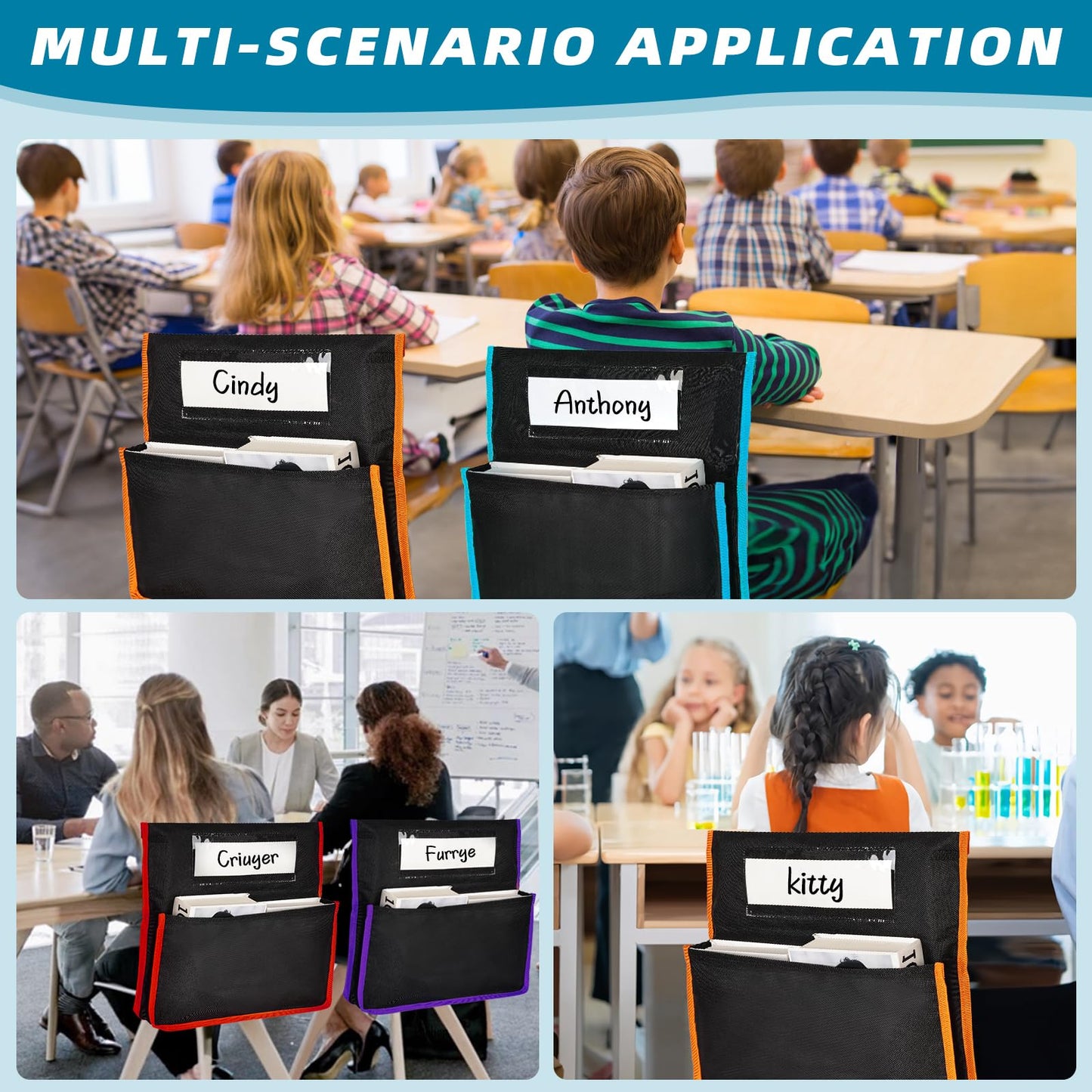 Runpig 12 Pcs Classroom Chair Pockets, 17 x 15 inch, Seat Sacks for Classroom Chairs, Buddy Pocket, Chart Seat Back Organizer with Name Tag