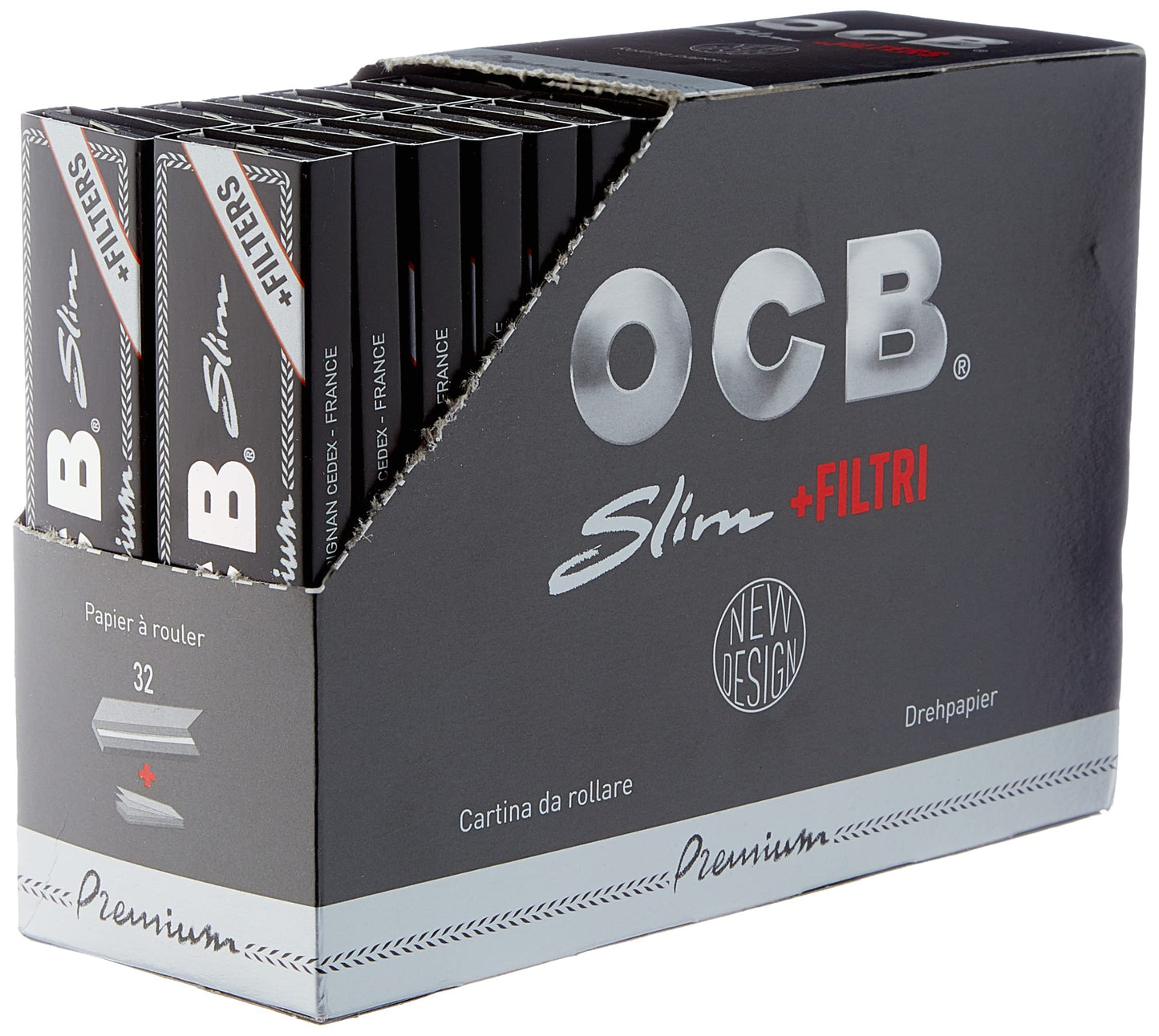 OCB Premium Black Rolling Papers Slim + Filters (44mm x 109mm) - 32 Packs of 32 Papers + 32 Filters