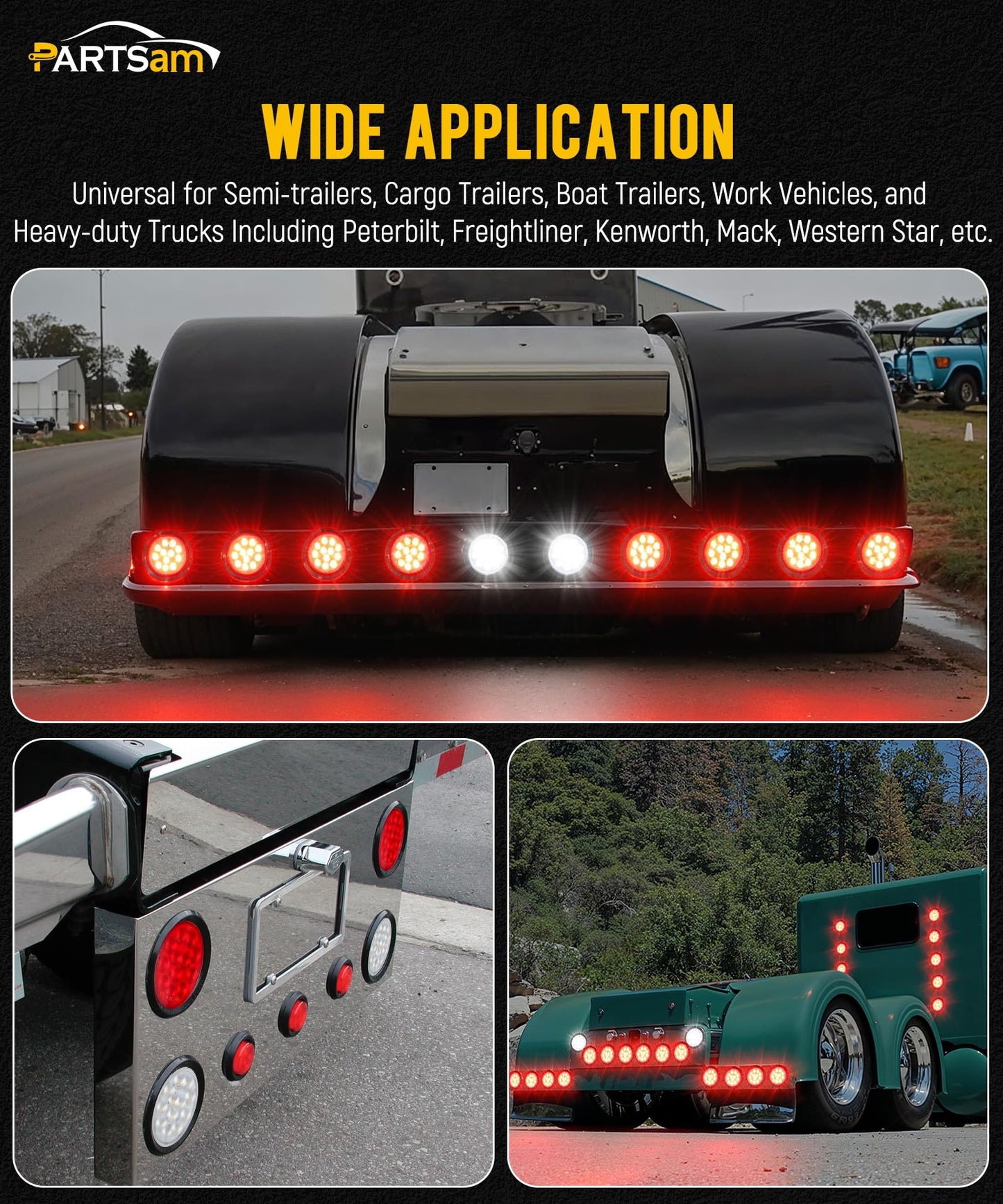 Partsam 6Pcs 4 Inch Round LED Trailer Tail Lights Kit - Round Led Stop Turn Tail Back-up Reverse Fog Lights 12 LED Include Lights Grommet 3-Prong Wire Pigtails for Truck Trailer RV(4 Red + 2 White)