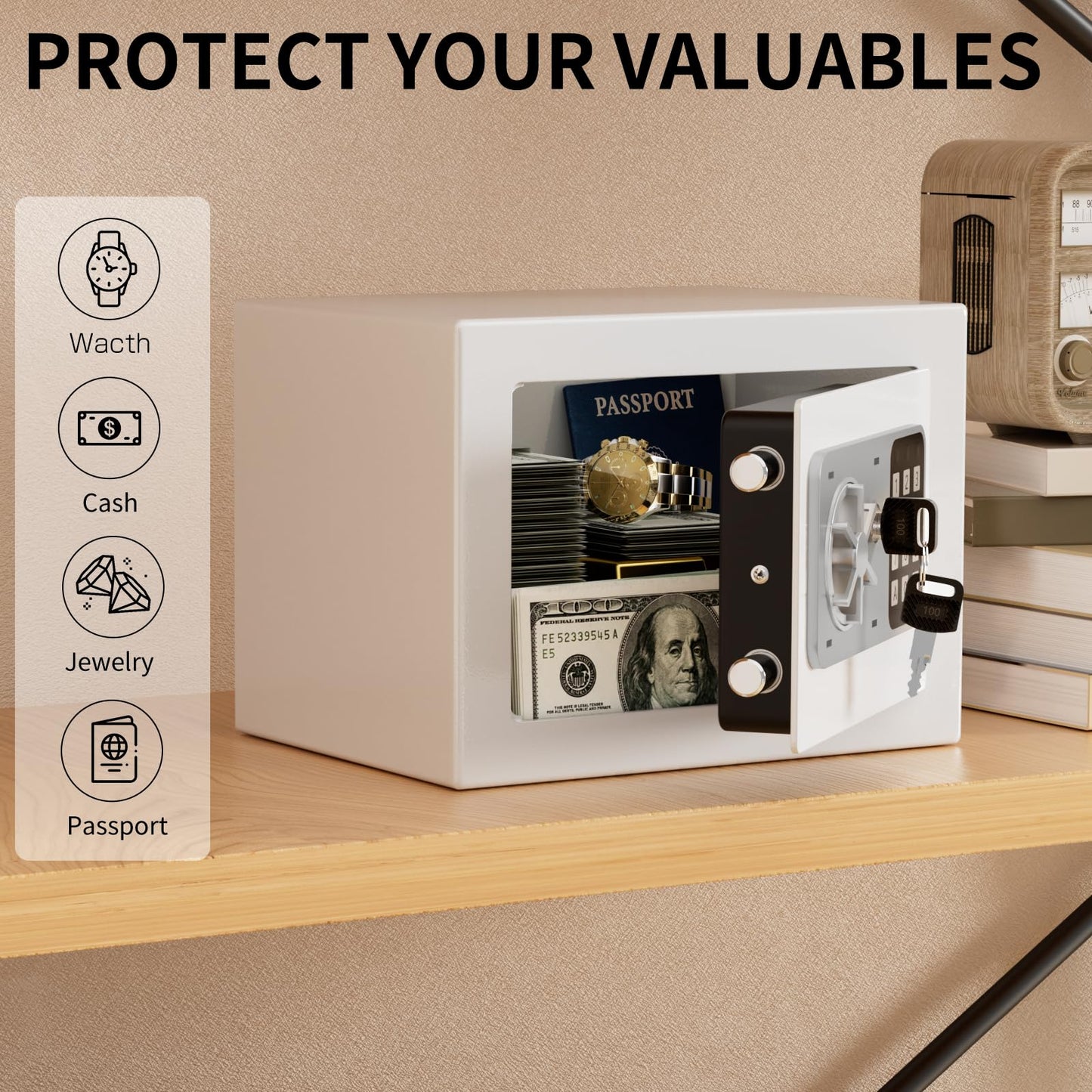 KABISAFE Safe Box 0.3 Cubic Feet, Small Safe with Digital Keypad and Key, Anti Theft Safe for Jewelry Watch Cash, Personal Money Safe for Home (White)