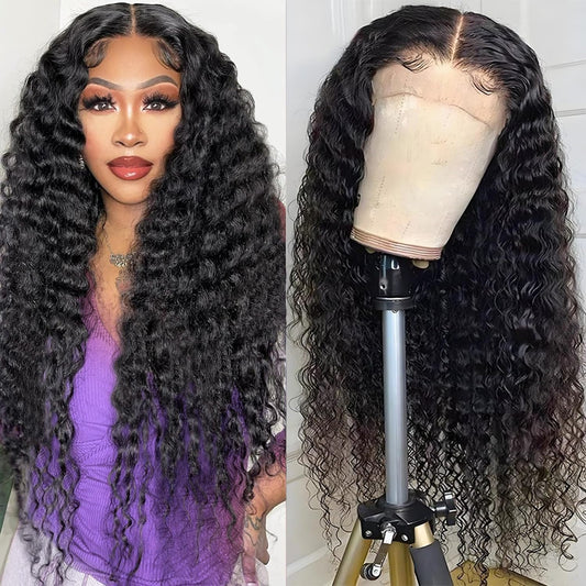 26 Inch Curly Lace Front Wig Human Hair 180% Density 13x4 Middle Brown Lace Frontal Deep Wave Wig for Black Women Natural Color Wet and Wavy Wig with Baby Hair