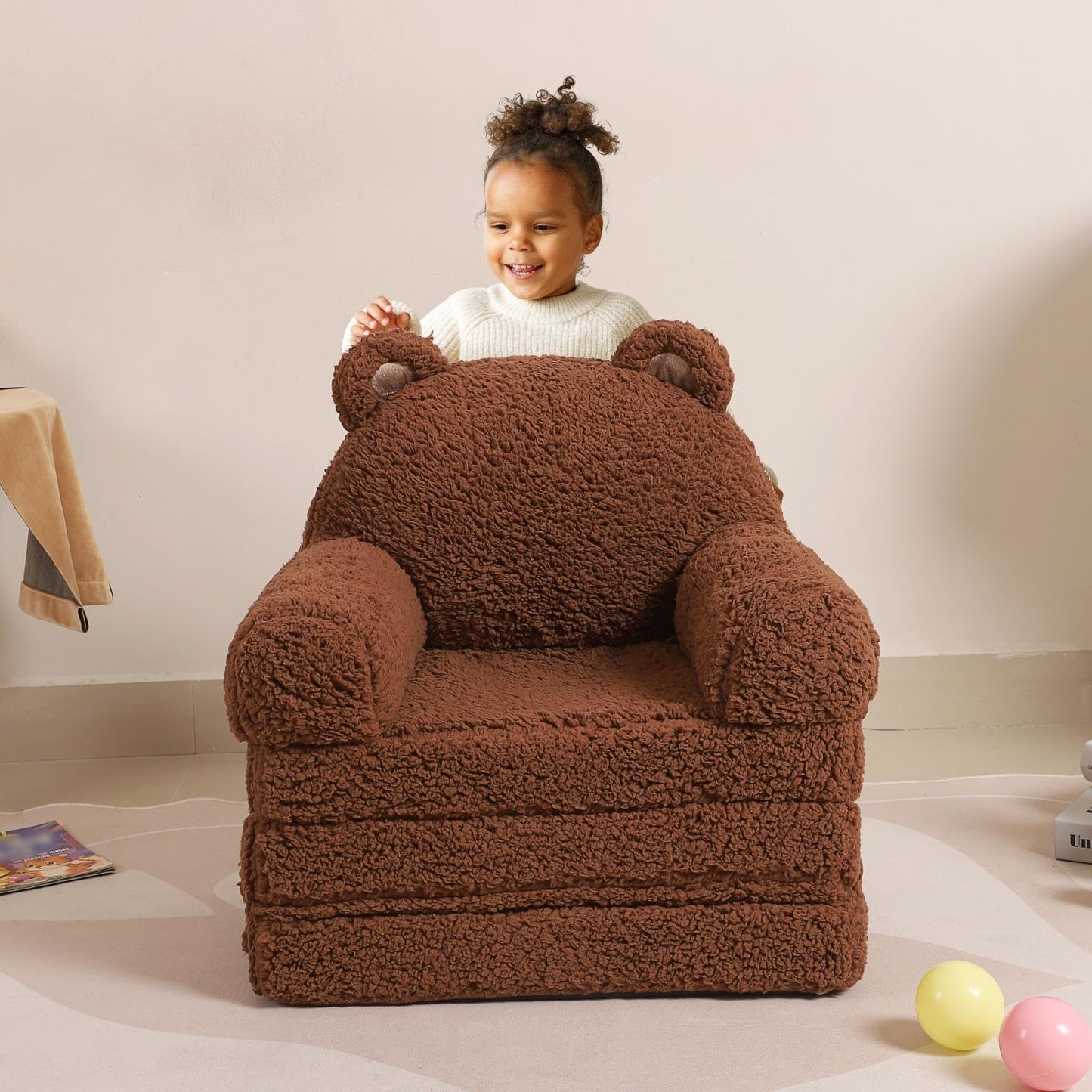 MOMCAYWEX Kids Sofa, Sherpa Couch with Tri-Layer Foam Cushions, Comfy Seating for Kids, Medium, Brown