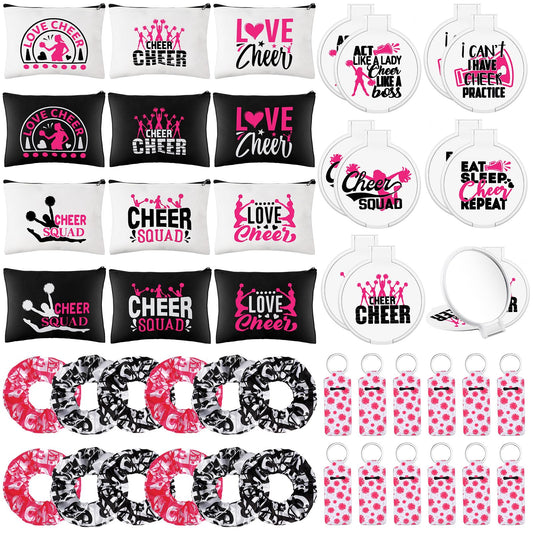 48 Pcs Cheer Gifts Kit 12pcs Canvas Makeup Cheer Bags for Cheerleaders 12pcs Cheer Scrunchies Bulk 12pcs Cheerleading Makeup Mirror 12pcs Lipstick Lip Balm Holder Keychain for Cheerleader Girls