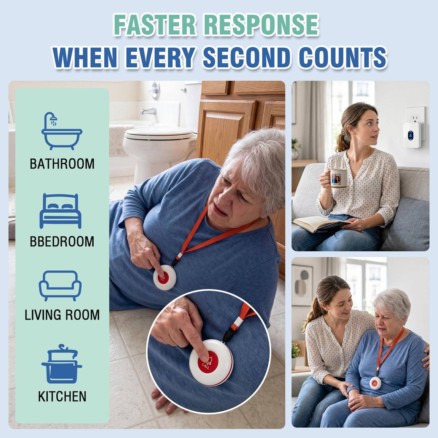 Daytech Caregiver Pager Call Button for Elderly Caregiver Paging System Home Alert Pager for Seniors Patient Nurse Medical Help Button 2 Receiver & 3 Panic Emergency Button