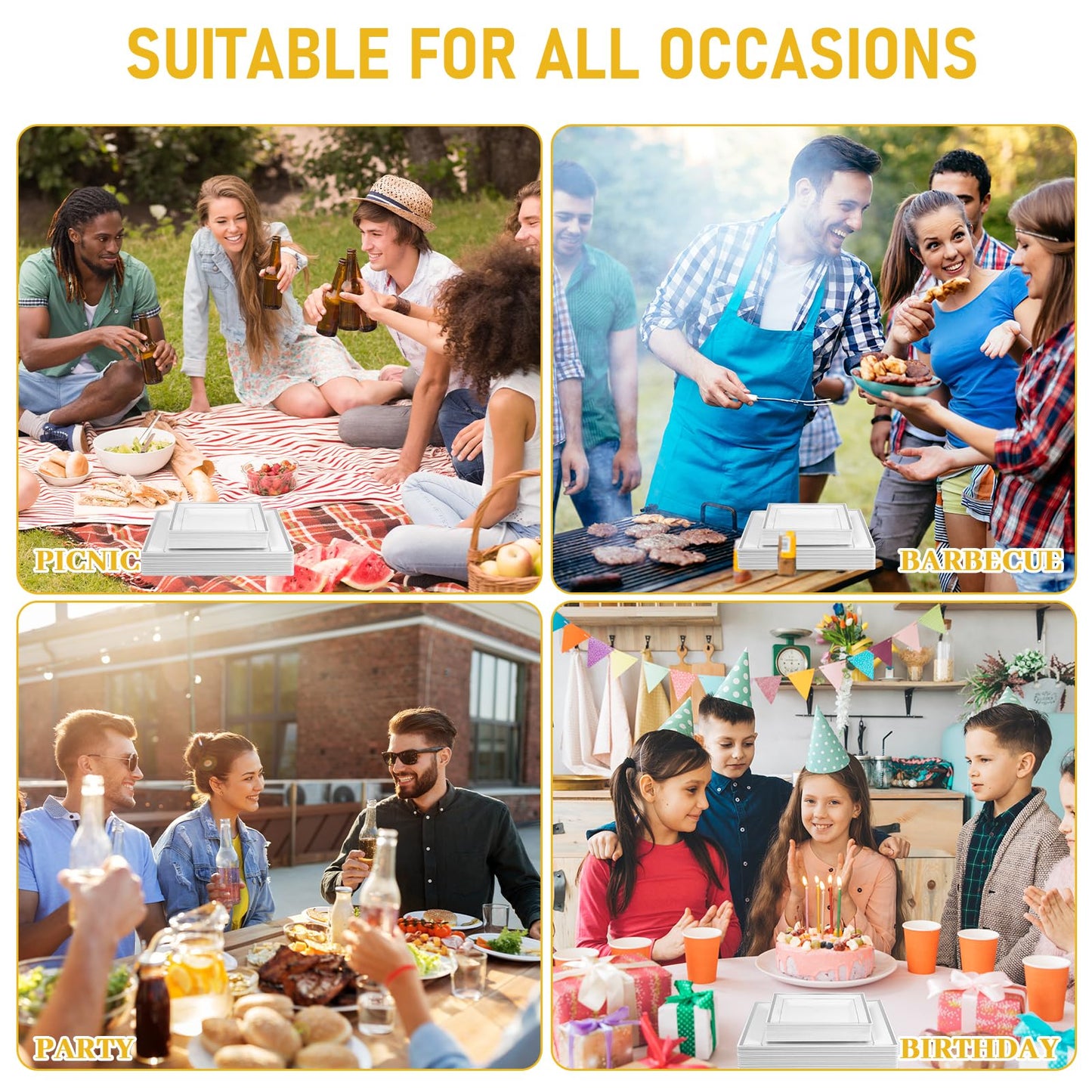 175 Pcs Silver Square Plate with Disposable Silverware, Silver Plastic Dinnerware Set for 25 Guests, Including 25Dinner Plates, 25Dessert Plates, 25Cups, 25Napkins, 25Cutlery Set