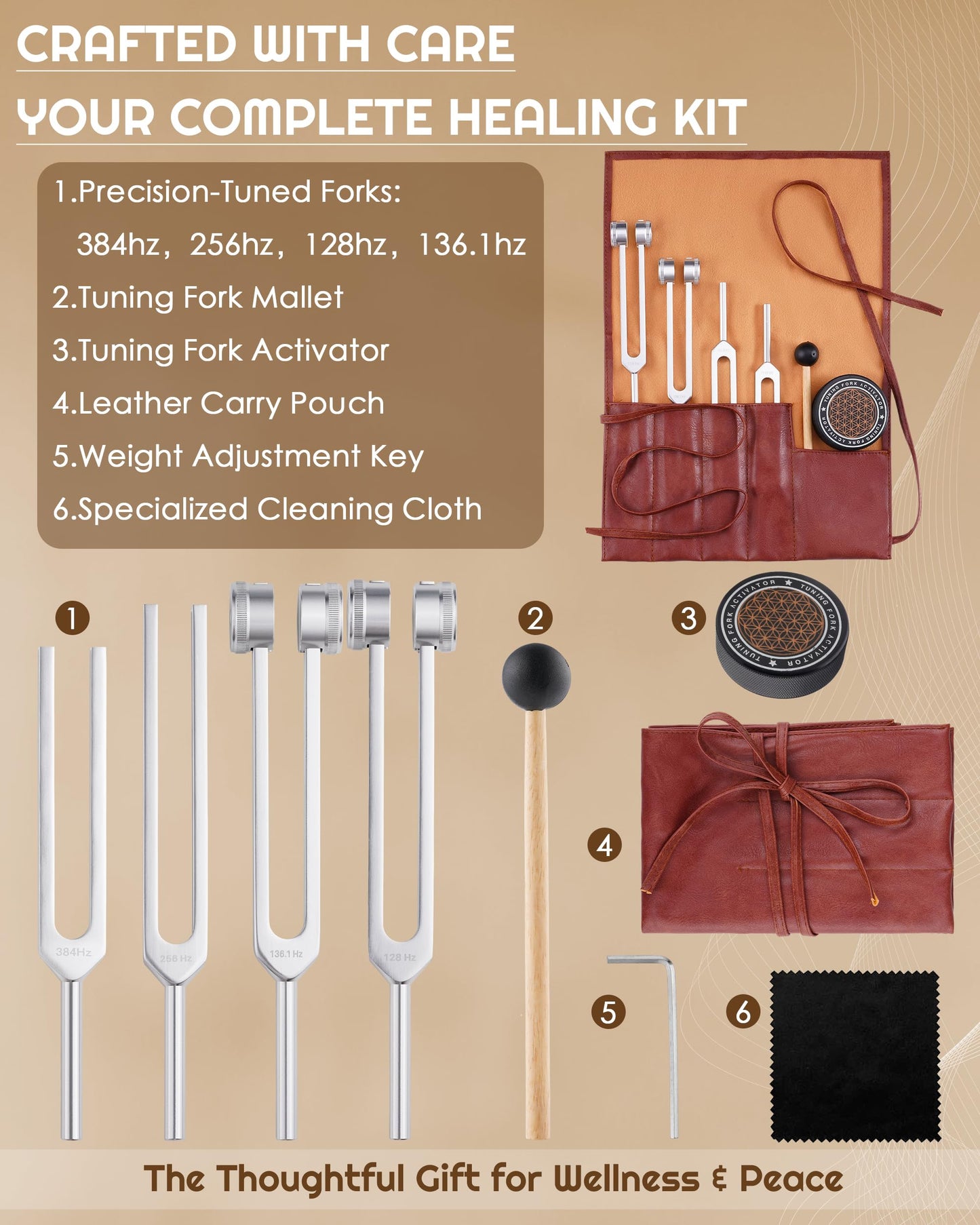 Tuning Forks for Healing Set-128Hz, 136.1Hz, 256Hz, 384Hz Weighted & Unweighted with Activator & Pouch-Complete Sound Therapy Kit for Chakra Balancing, Yoga, Meditation, Stress Relief & Energy Healing