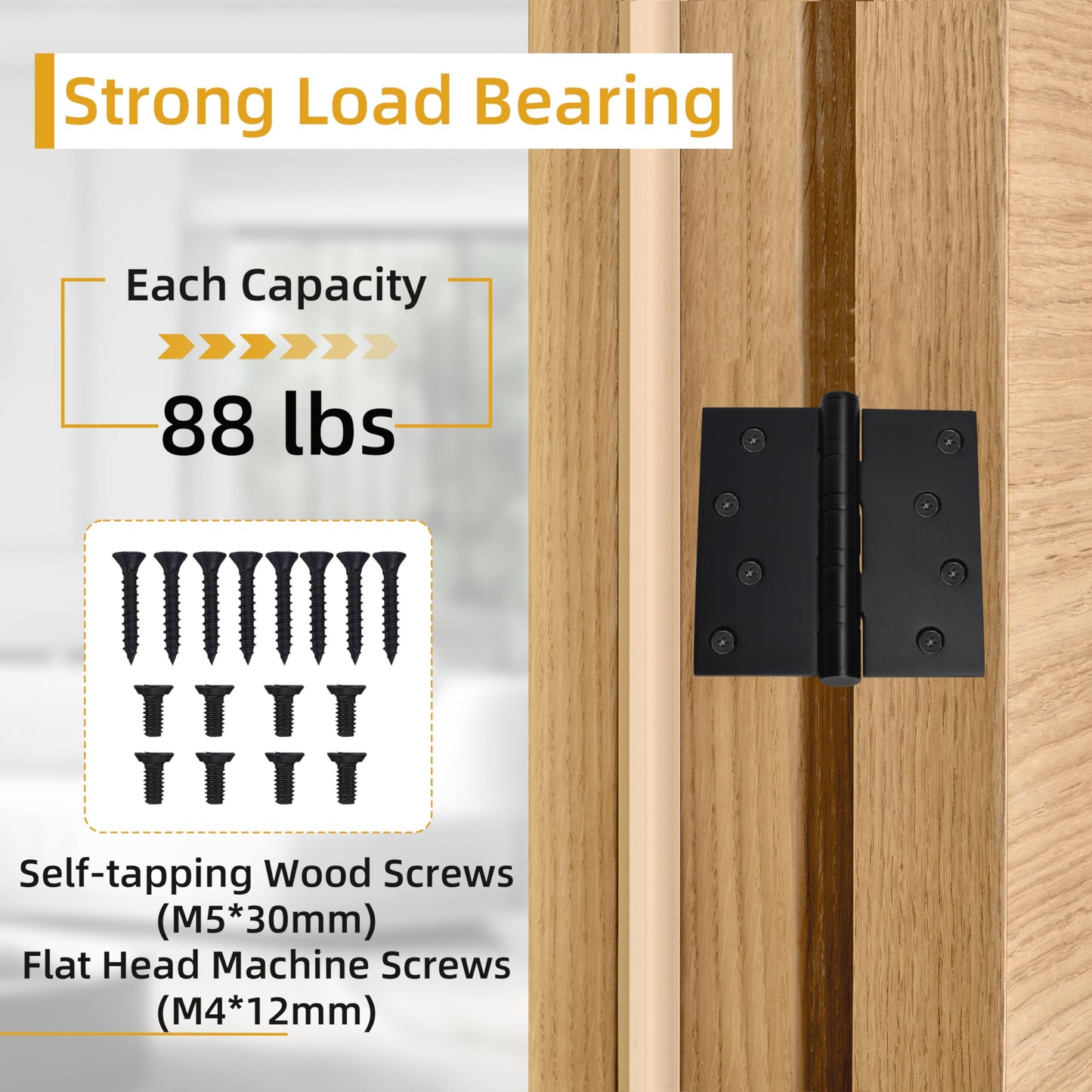 3 Pack 4 inch X 4 inch Heavy Duty Black Door Hinge, Interior & Exterior Door Hinges with Square Corner Ball Bearing, 0.11" Thickness Stainless Steel, with 24 Screws (Matte Black Hinge)