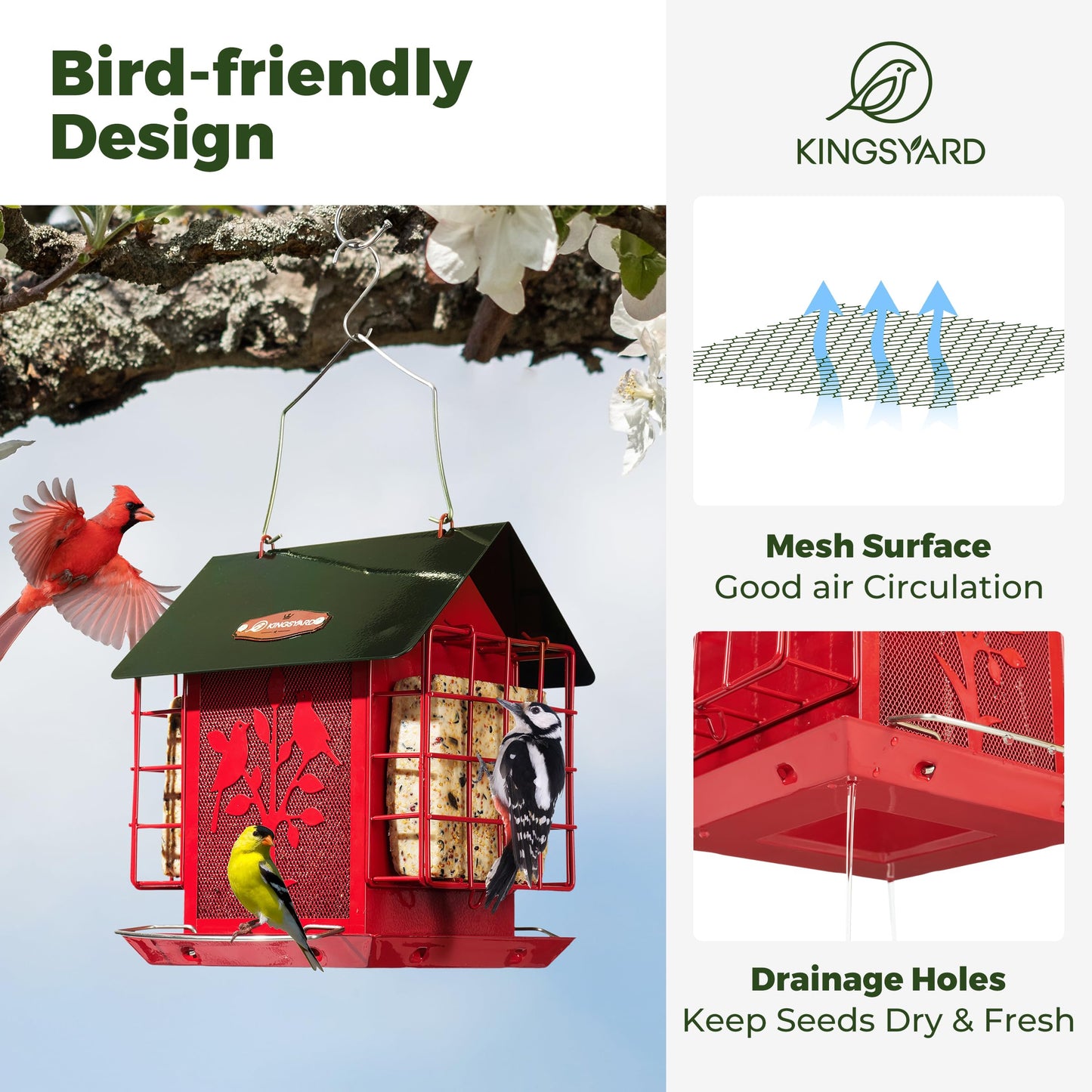 Kingsyard Bird Feeder for Outdoor Hanging, All Metal, Wild Bird Feeder with Double Suet Cages, Seeds Tray & Rainproof Roof, 3 LBS Large Capacity, Red