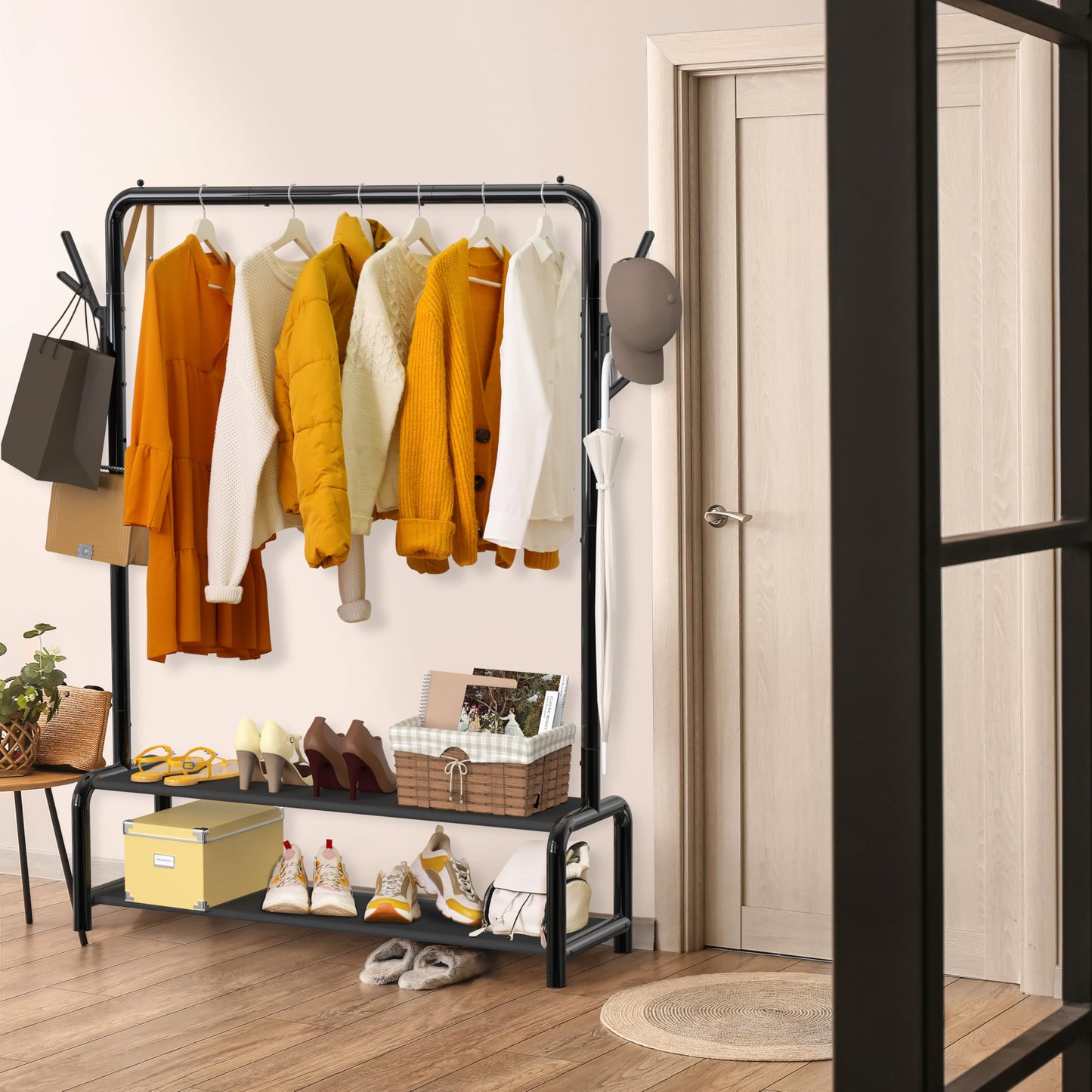 Simple Houseware 52-Inch Garment Rack with Storage Shelves and Coat/Hat Hanging Hooks, Black