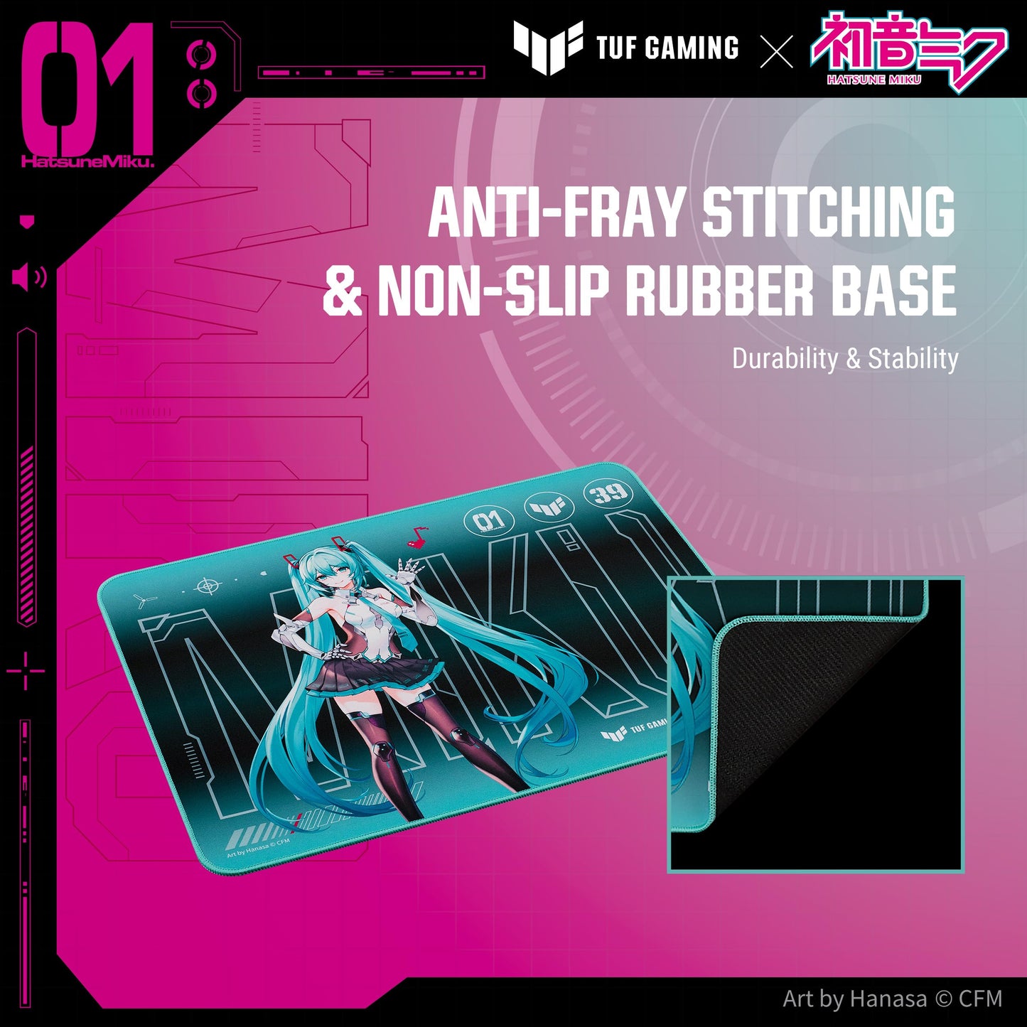 ASUS TUF Gaming P1 Hatsune Miku Edition Portable Gaming Mouse Pad – 10” x 8” (Medium Size), Aqua, Protective Coating, Water-Resistant Surface, Durable Anti-Fray Stitching, Non-Slip Rubber Base