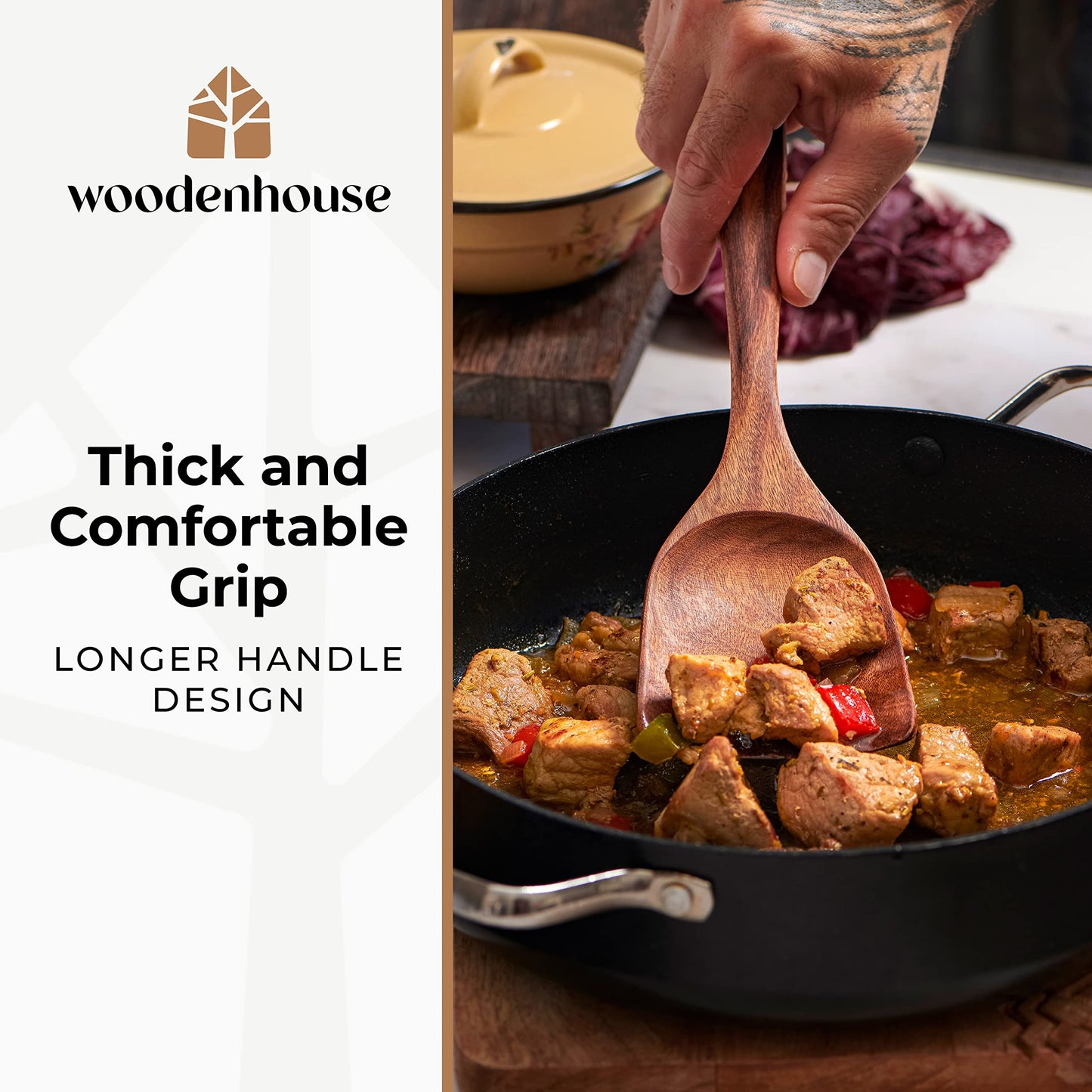 Wooden Spoons for Cooking – Wooden Cooking Utensils Set with Holder, Spoon Rest & Hooks, Teak Wood Nonstick Kitchen Cookware – Kitchen Utensil Set of 12pcs by Woodenhouse