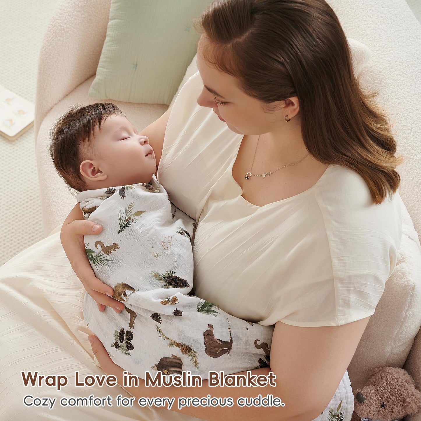 david's kids 4 Pack Baby Muslin Swaddle Blankets, 100% Cotton and Ultra Soft Breathable Receiving Blanket Wrap for Boys Girls, New Born Essentials, Large 47 x 47 inches, Forest