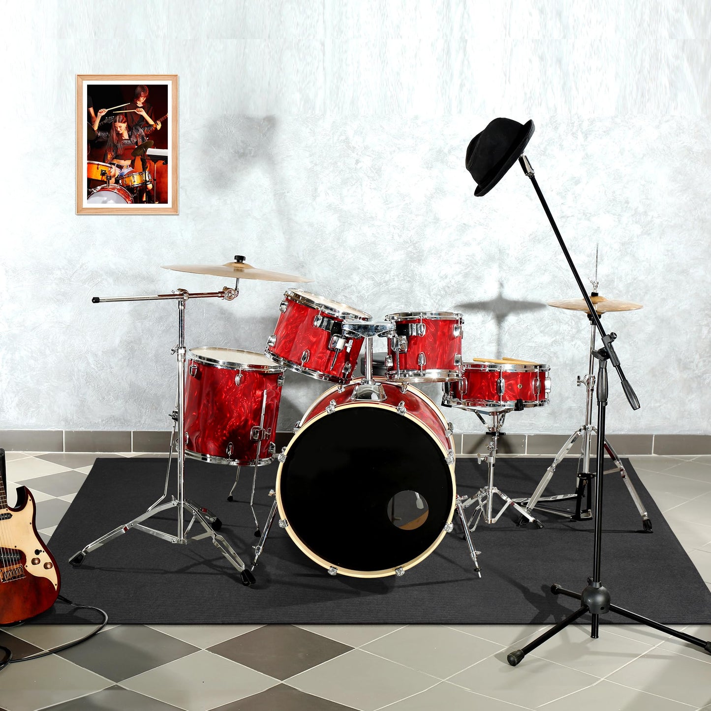 Invech 4 x 6 Ft Drum Rug, Black Drum Mat with Non-Slip Grip Bottom, Soundproof Drum Floor Mat for Electrical Drum, Drum Accessories Gift for Drummers