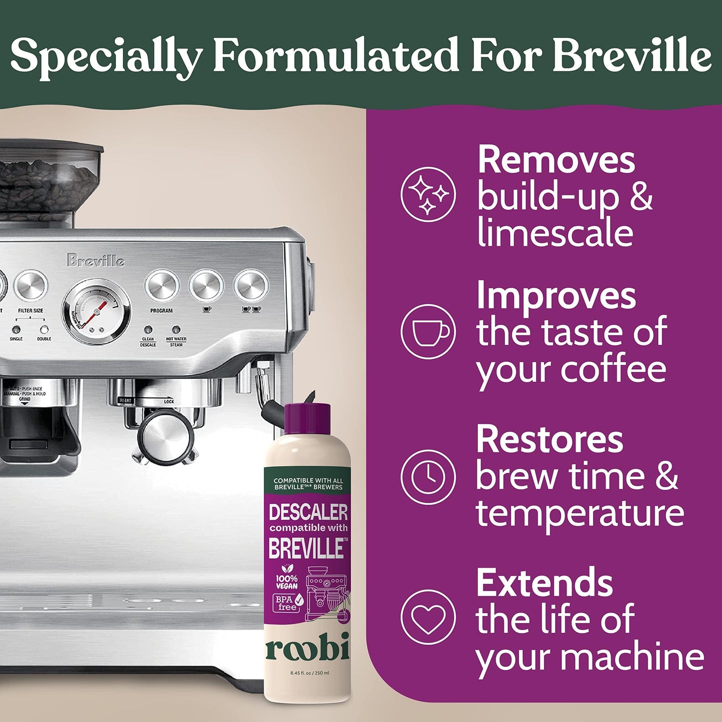 Roobi Compatible Descaling Solution for Breville. Specially Formulated to Clean & Descale your Breville Machine. 2 Uses per Bottle, 2 Pack. Eco-Friendly Carbon Neutral Maintenance Kit.