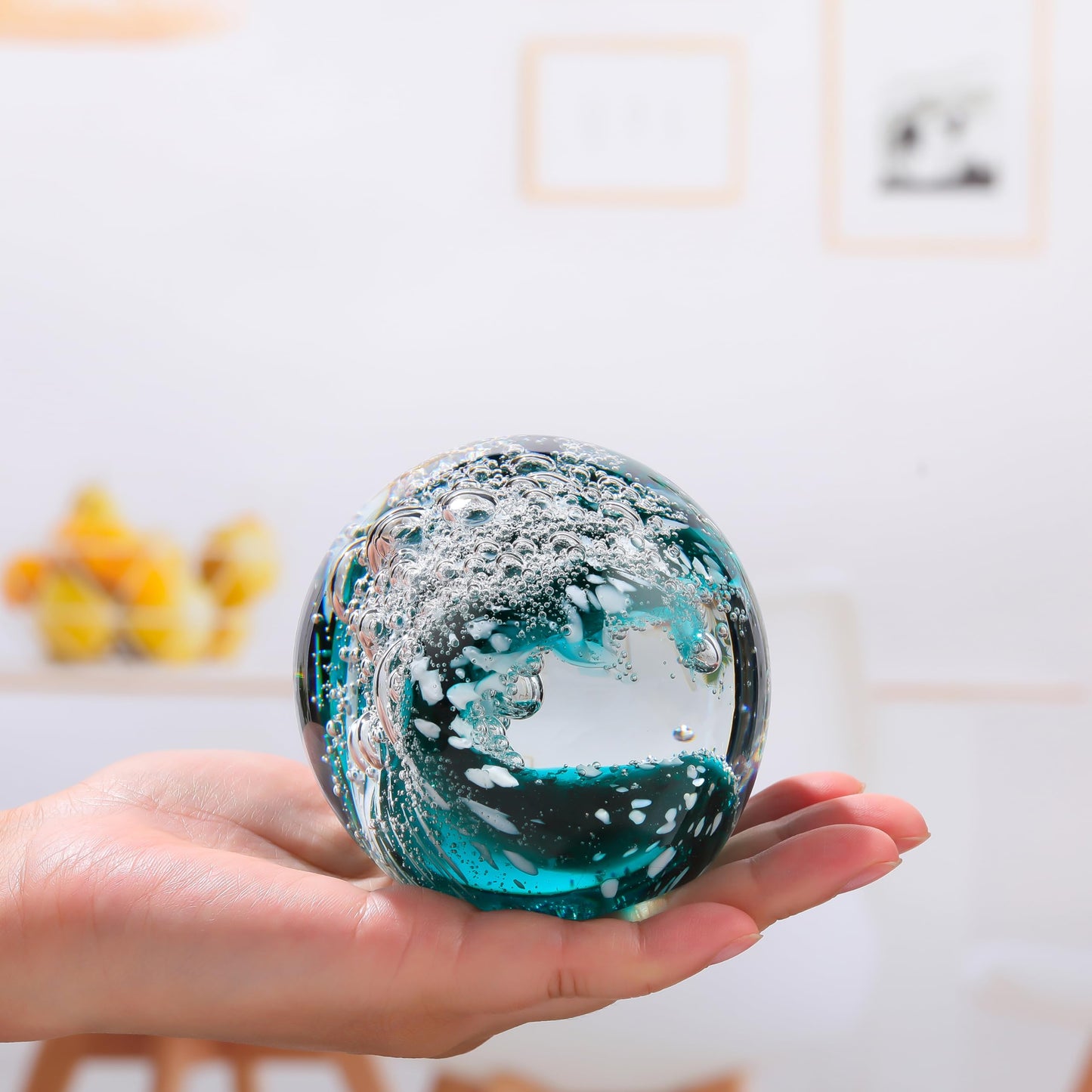 Qianwei Hand Blown Glass Figurines Ball Ocean Waves,Paperweight Glass Ball,Home Decor Collectible,Aquarium Decor,Office Decor Ocean Lovers