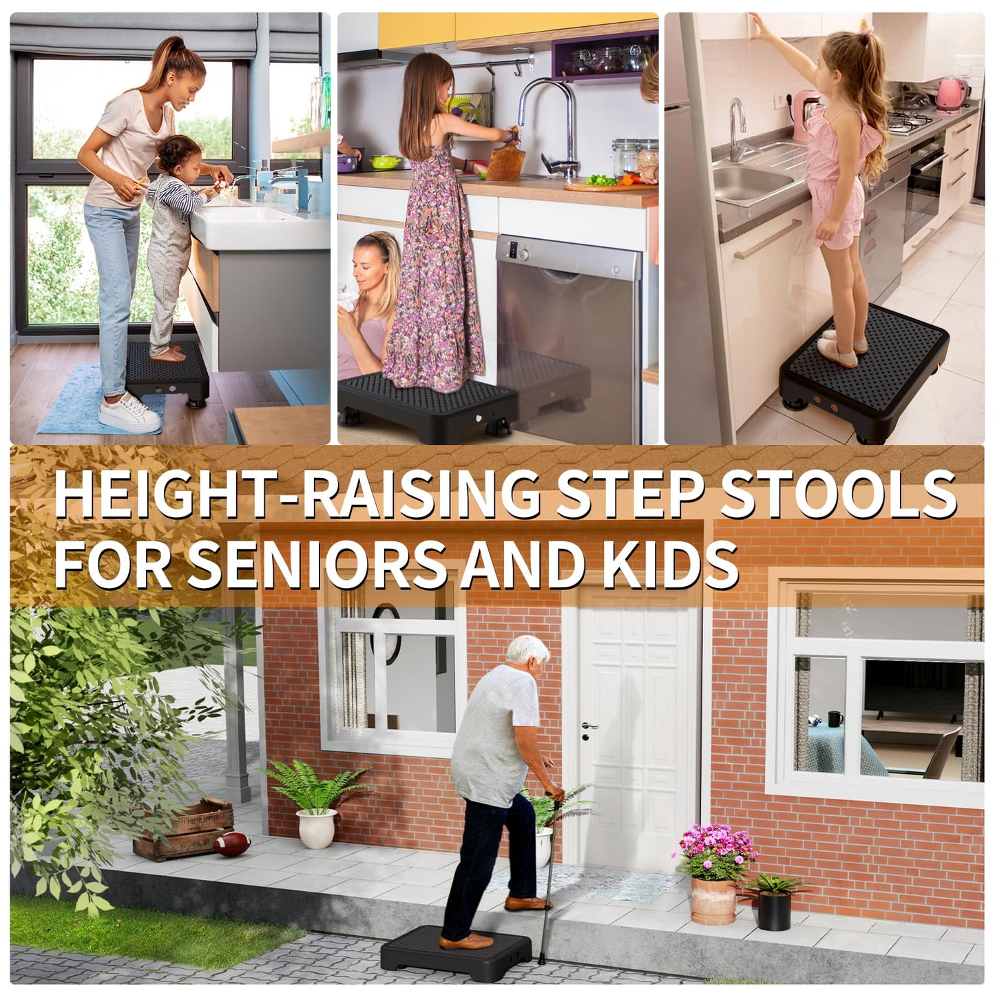 Ronlap One Step Stools for Adults, Portable Safety Step Platform for Seniors Small Plastic Bedside Mobility Wide Stepstools Elderly Assistance, Black-Black