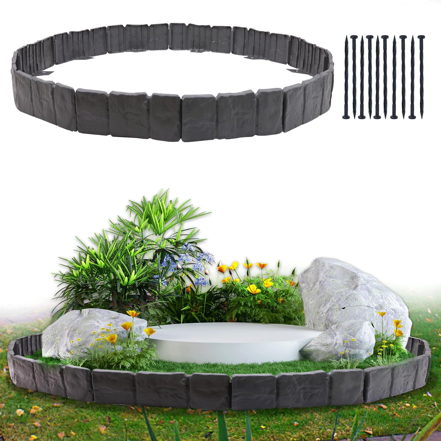 Garden Edging Border, 32FT Landscape Edging Borders for Flower Beds, Imitation Stone Effect Garden Lawn Border Faux Stone Landscape Edging and Plastic No Dig (Grey-40)