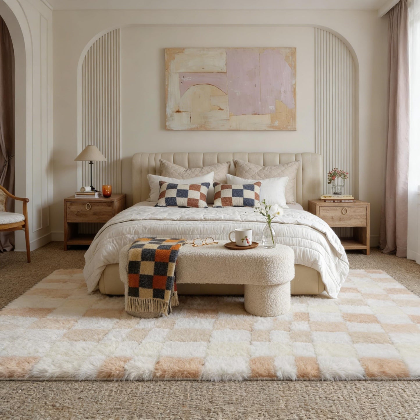 WondRg 6x9 Checkered Fluffy Area Rug for Living Room Bedroom Pink Kids Room Carpet High Pile Washable Non-Slip Tapis Salon Soft Floor Shag Rug for Nursery Large Modern Neutral Thick Plush Fuzzy
