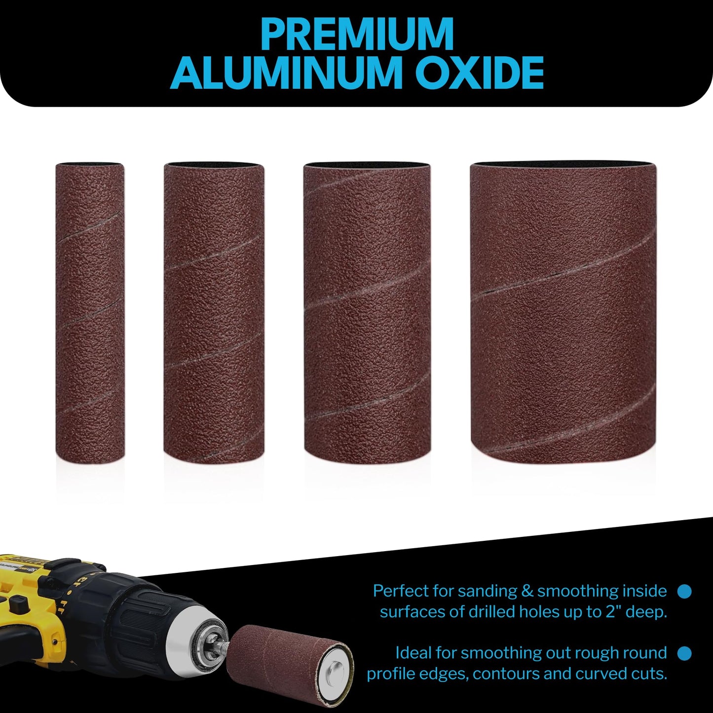 LINE10 Tools 28pk Sanding Drum and Sleeves Set, Spindle Sander Attachment for Drill and Drill-Press, Die-Grinder, 2-inch Extra Long Surface, 1/4-inch Shank 60, 80, 120 and 240 Grit