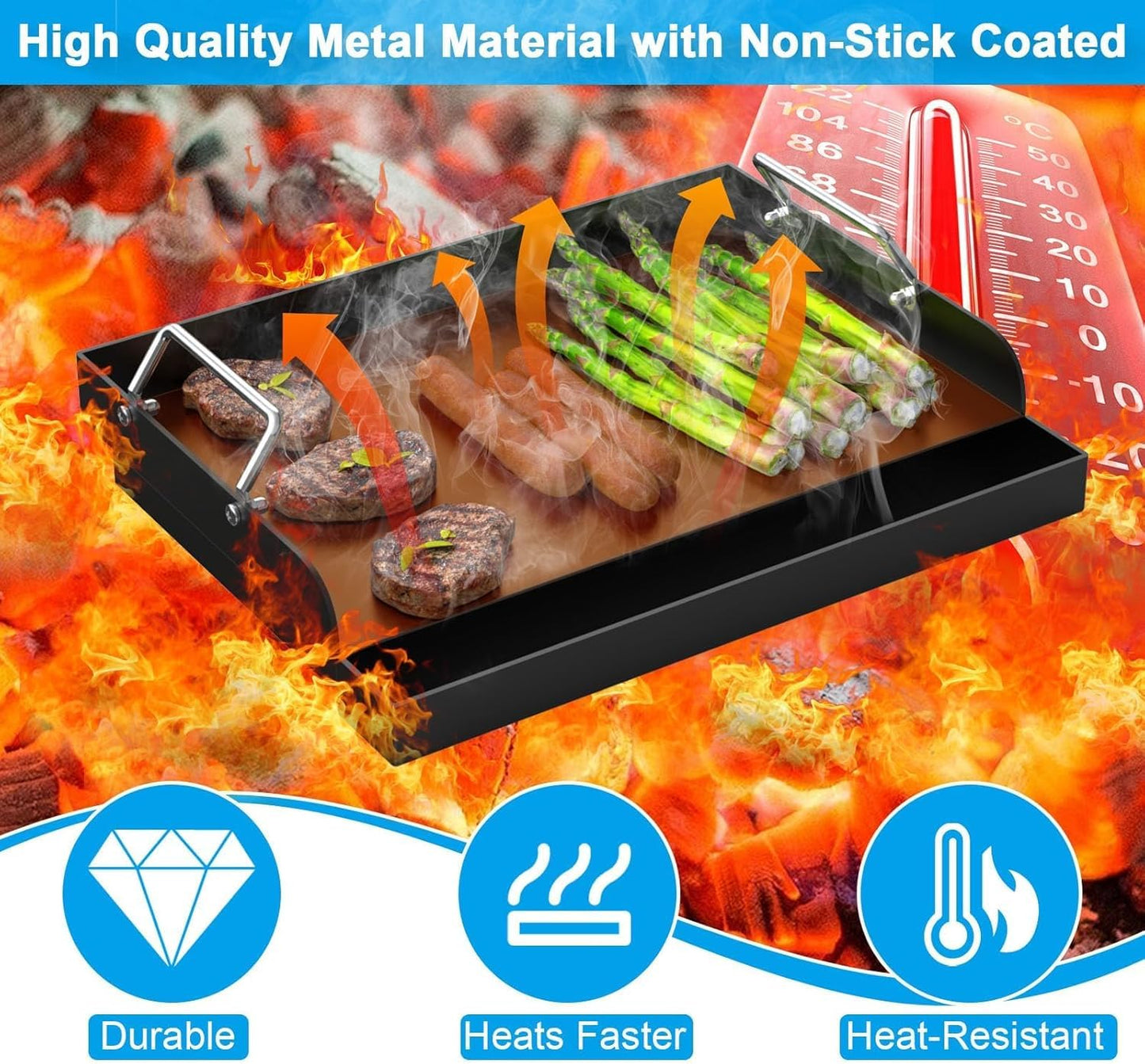17" x 13" Nonstick Grill Griddle for Most Gas Grills, Universal Flat Top Griddle for Charcoal/Gas Stove, Cooking Griddle Plate with Removable Handles & Grease Groove for Camping,Tailgating,Parties