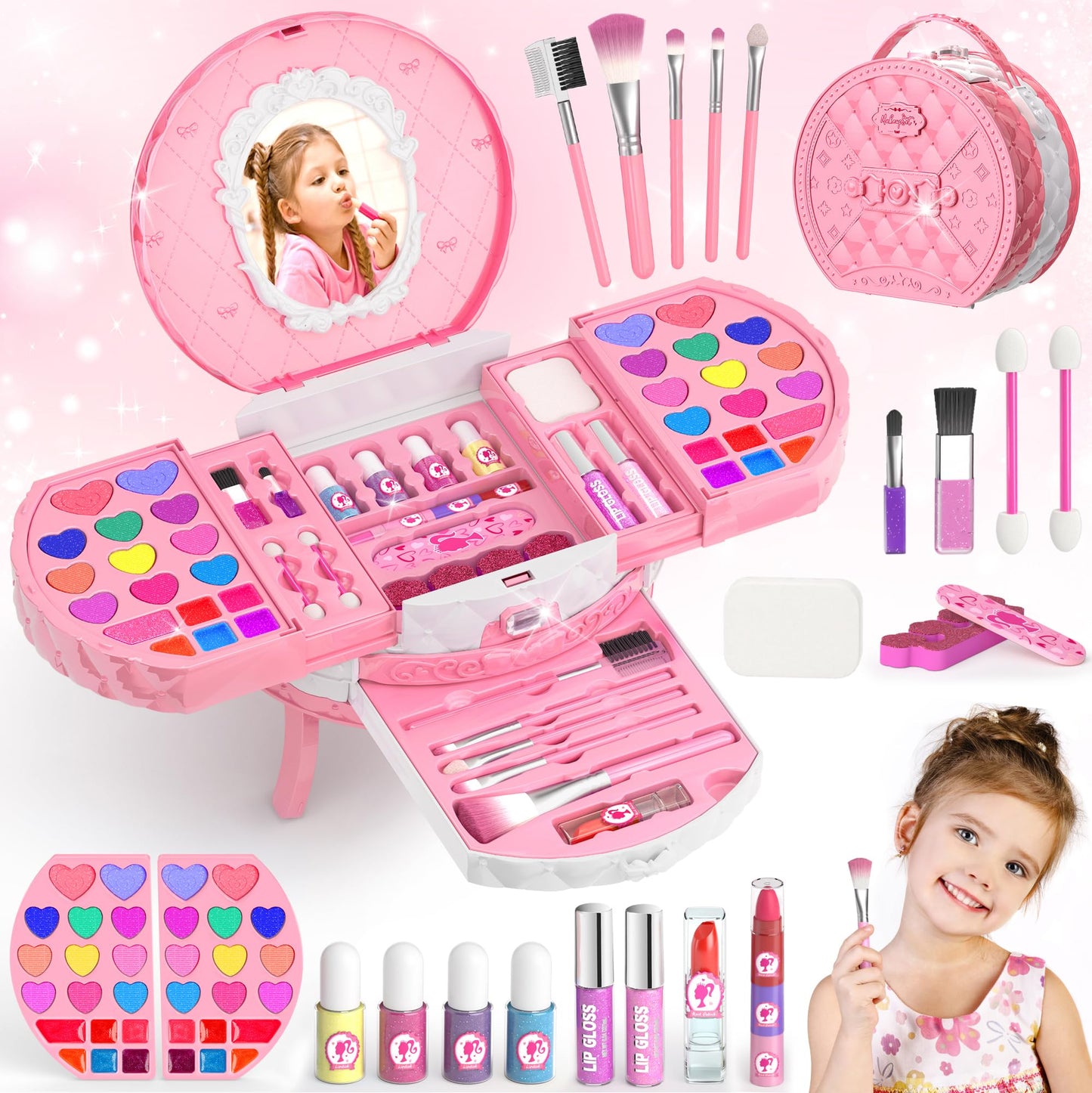 PERRYHOME Kids Makeup Kits for Girls,57 Pcs Kids Makeup Sets for Girls 3-12,Non-Toxic Washable Real Cosmetic Set,Birthday Gift Princess Toys (Fairy Floss Pink)