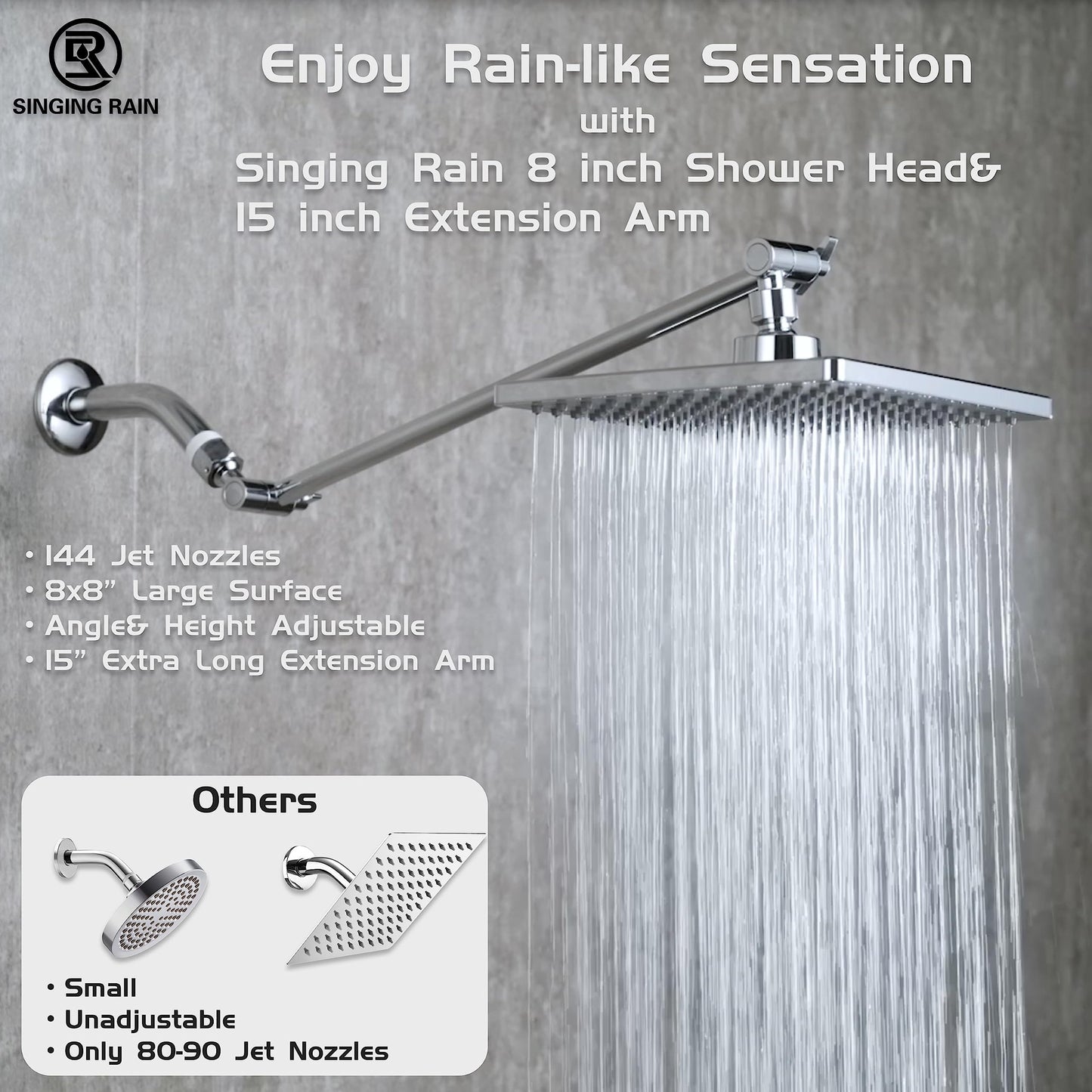 Rain Shower Head, 8'' High Pressure Rainfall Square Showerhead with 15'' Shower Head Extension Arm, 304 Stainless Steel Adjustable Shower Arm Extender, Rainfall Waterfall Fixed Showerheads, Chrome