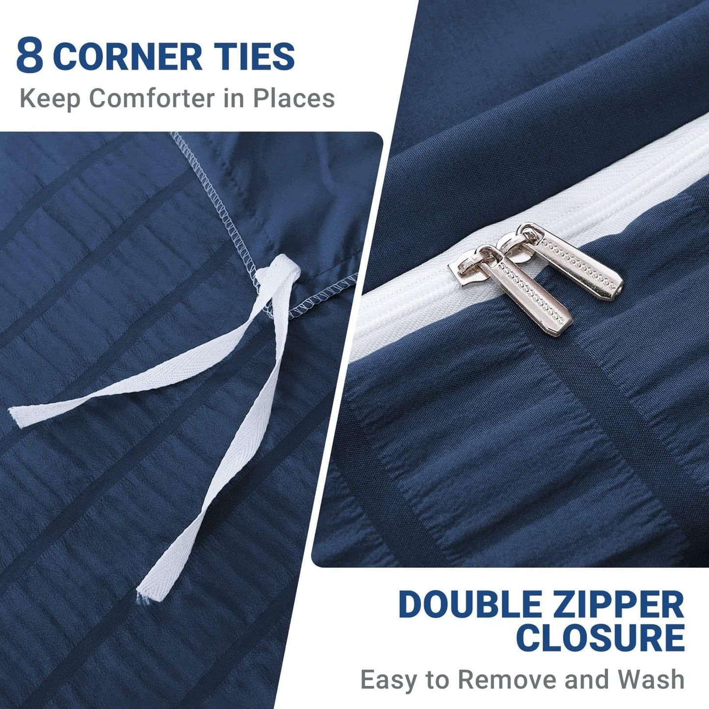 HYMOKEGE Navy Blue Duvet Cover King Size, Ultra Soft 3-Piece Seersucker Duvet Cover Set with Zipper Closure, Soft Brushed Microfiber Bedding Set with 8 Corner Ties (104"x90", 2 Pillowshams)
