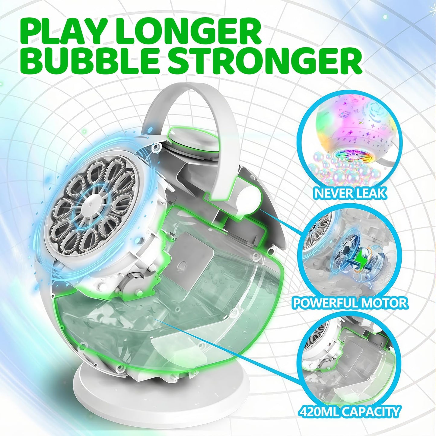 Bubble Machine, Rechargeable Bubble Blower with Remote Control, 10-Hole Bubble Maker for Kids, 7-Color Lights, 90°/360° Rotation, USB-C Charging, Outdoor Toys Gift for Boys Girls Parties, Birthday