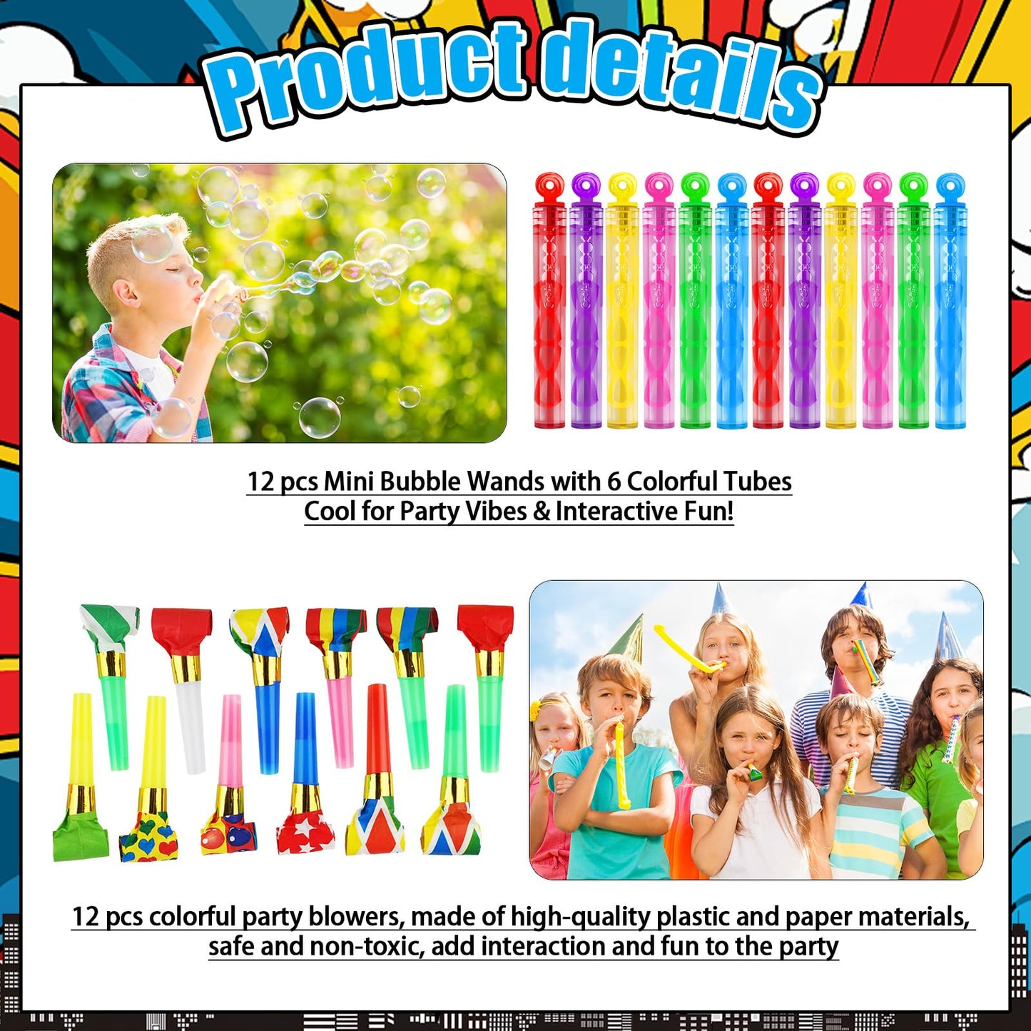 158Pcs Hero Party Favors - 12 Guests Set, with Goodie Bag Mask Straw Slap Bracelets Keychain Party Blowers Stickers Sticky hands for Birthday Decorations & Pinata Fillers