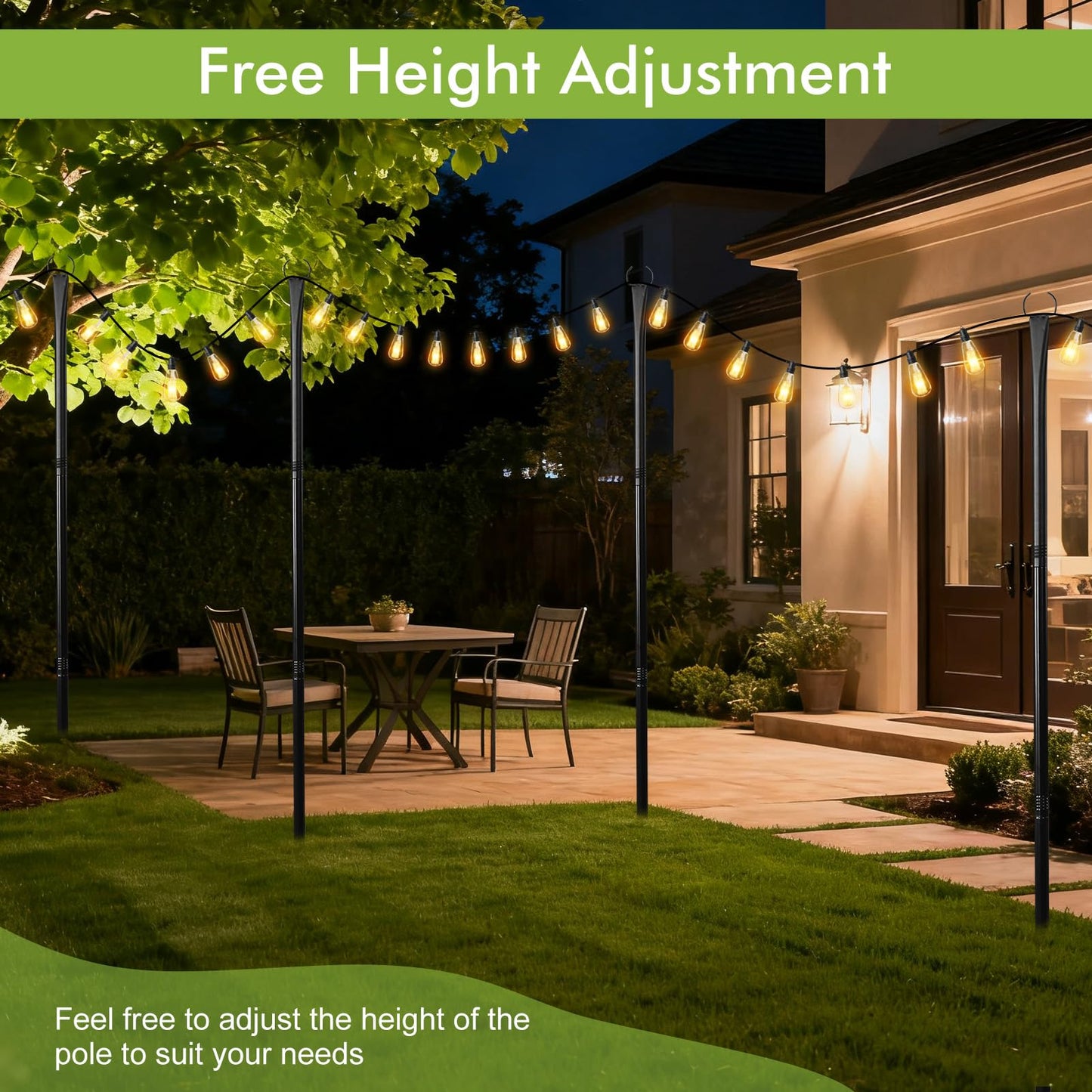 4 Pack 10FT String Light Poles, Heavy Duty Metal Light Poles for Outdoors, Adjustable Lighting Stand with Fork for Patio, Backyard, Garden, Deck, Party, Wedding, Christmas Decorations