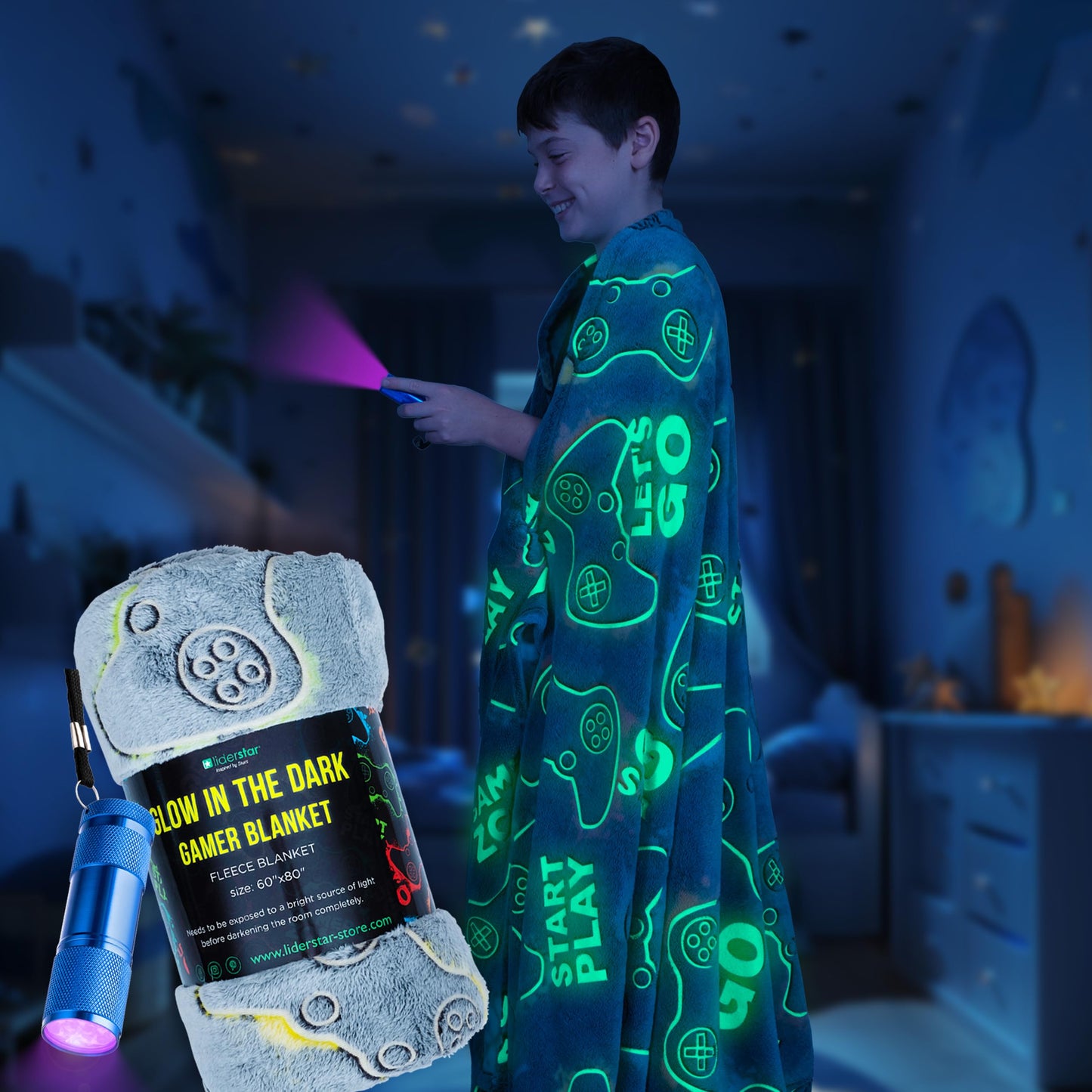 Glow in The Dark Gamer Blanket - 60 x 80 inch, Soft Cozy Kids Throw Blanket-Gaming Room Decor for Bedroom, Video Game Gift for Adults Teens Grandkids, Gifts for Him, Boys Gift Ideas