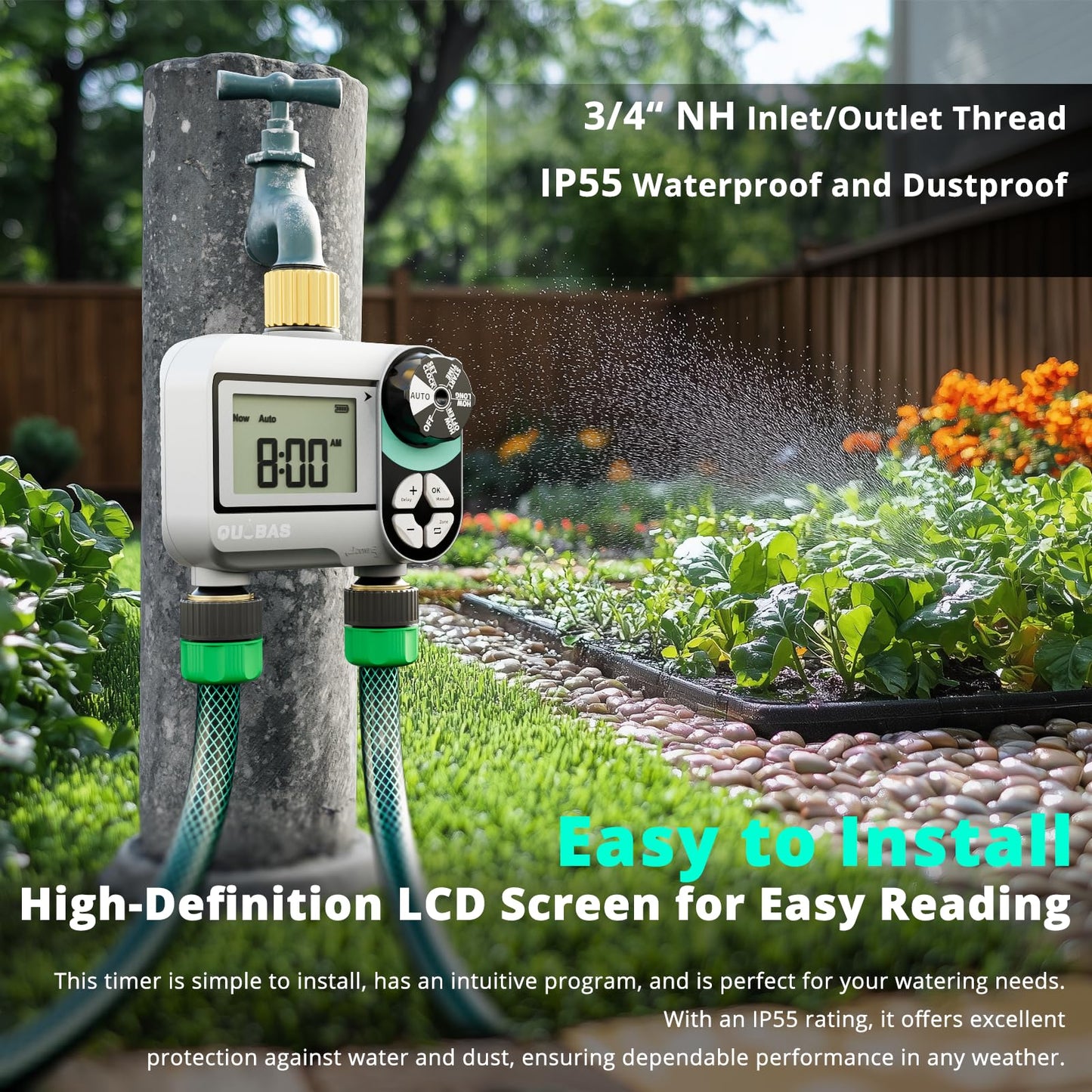 QUOBAS 2 Zone Sprinkler Timer, Programmable Hose Timer with Brass Inlet & Outlet, Water Timer for Garden Hose with Rain Delay/Manual Watering/Automatic Irrigation Controller System for Yard, Lawn