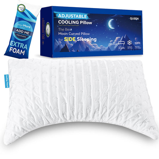 Cooling Side Sleeper Pillows for Adults, Curved Pillow for Neck and Shoulder, Shredded Memory Foam Pillows, Adjustable Crescent Pillow with Extra Fill, Queen Size