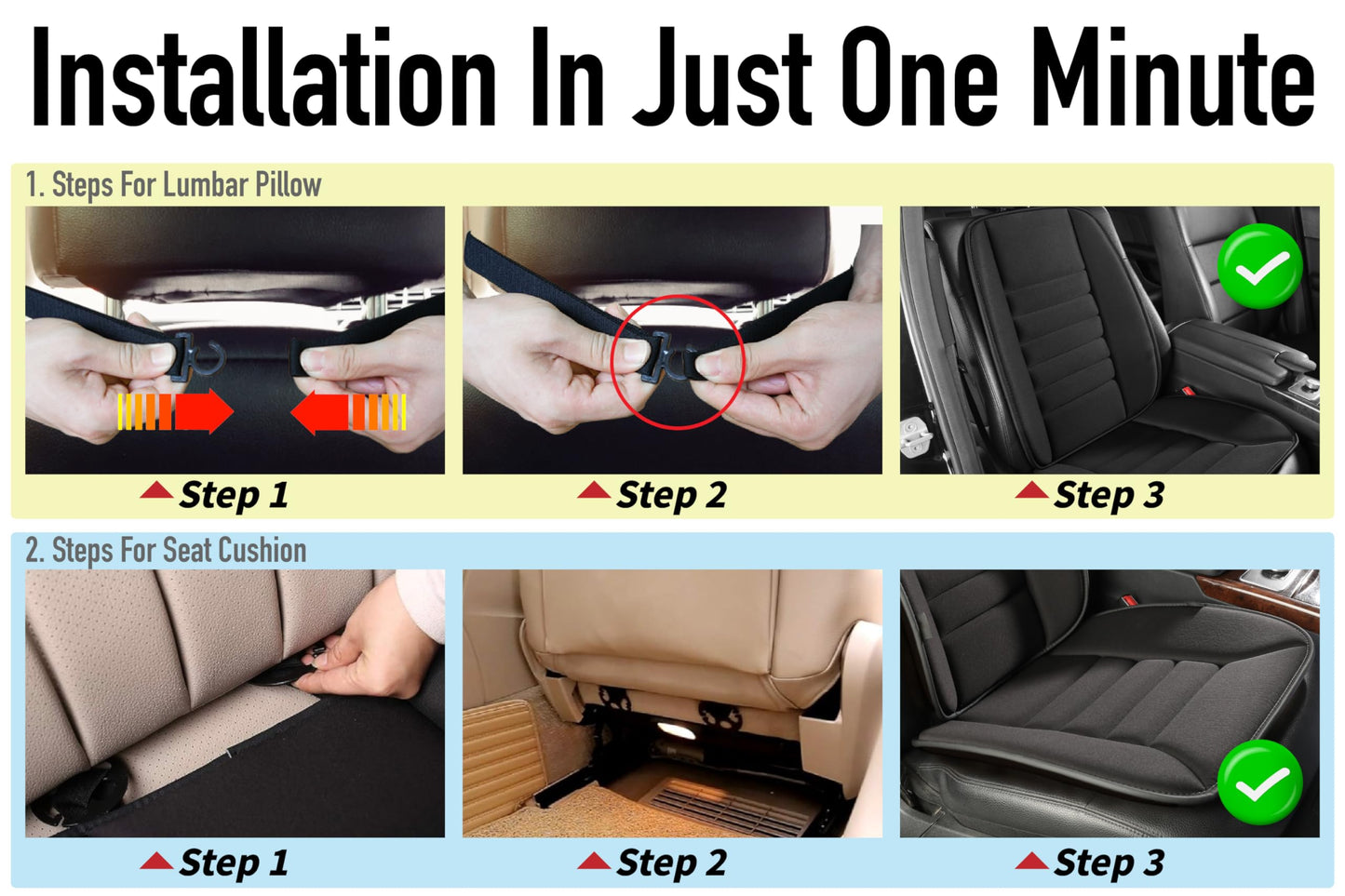 Car Seat Cushion with Lumbar Support Pillow: Front Back Cushion & Seat Cushion Full Set, Comfy Memory Foam Driving Cushion for Back-Sciatica Pain Relief, Seat Pad Suitable for Car, Truck, SUV - Black