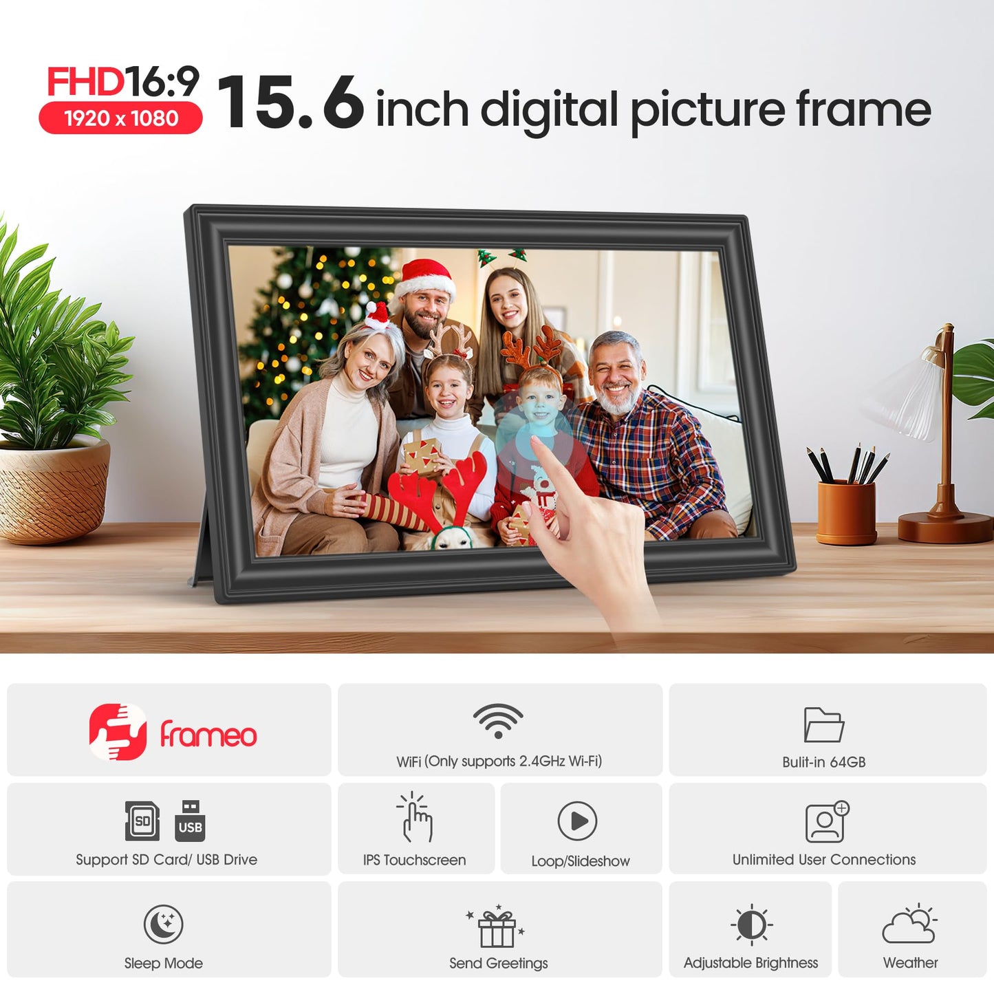 64GB 15.6" Frameo Digital Picture Frame WiFi, Large Electronic Photo Frames 1920 x 1080 IPS FHD Touch Screen, Send Photos from Your Phone from Anywhere, Best Gifts for Parents and Grandparents