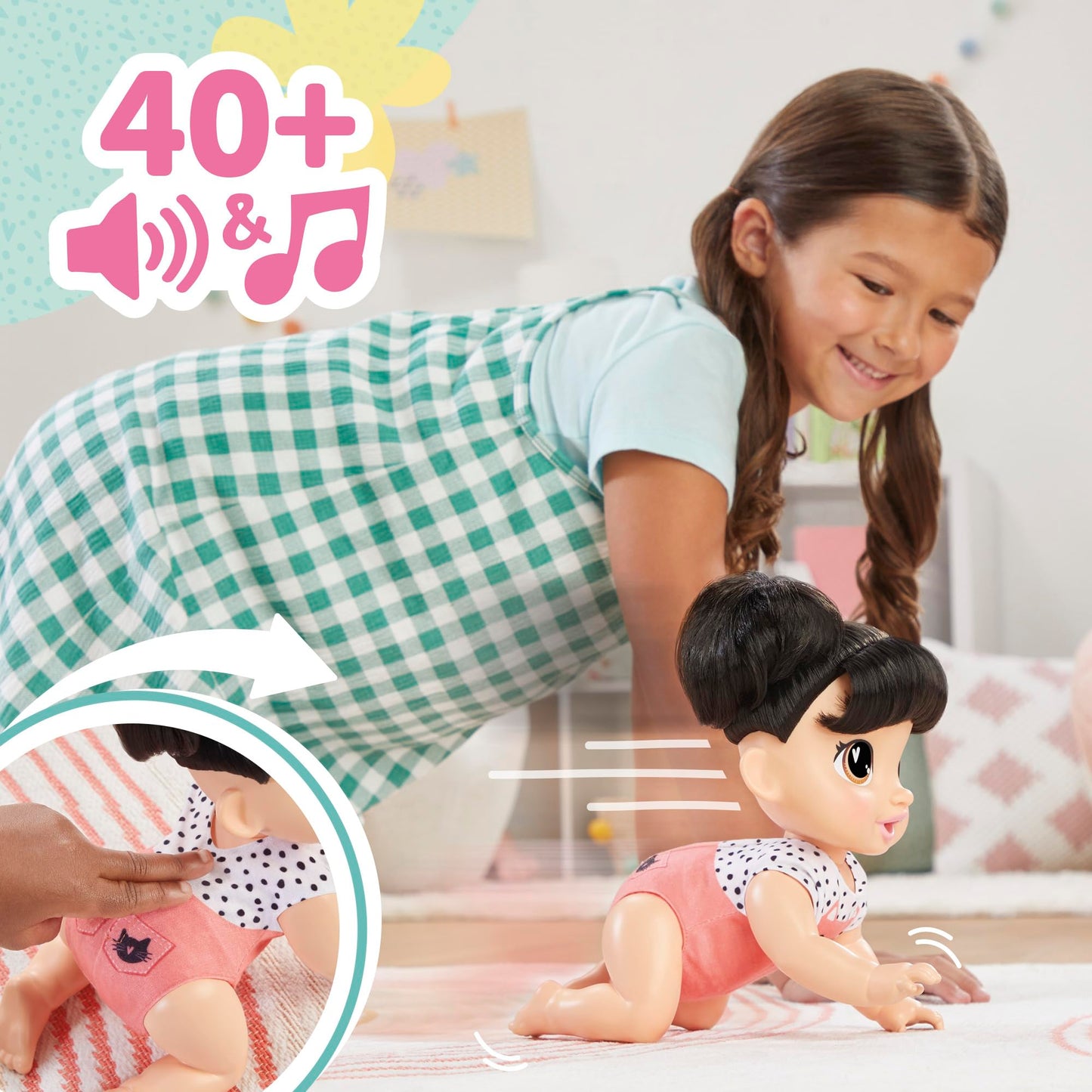 Baby Alive Crawl 'n Play Katie Kat Electronic Crawling Baby Doll Set, Black Hair, Kids Toys for Girls & Boys 3 Years & Up, 10.75 Inches/27 cm