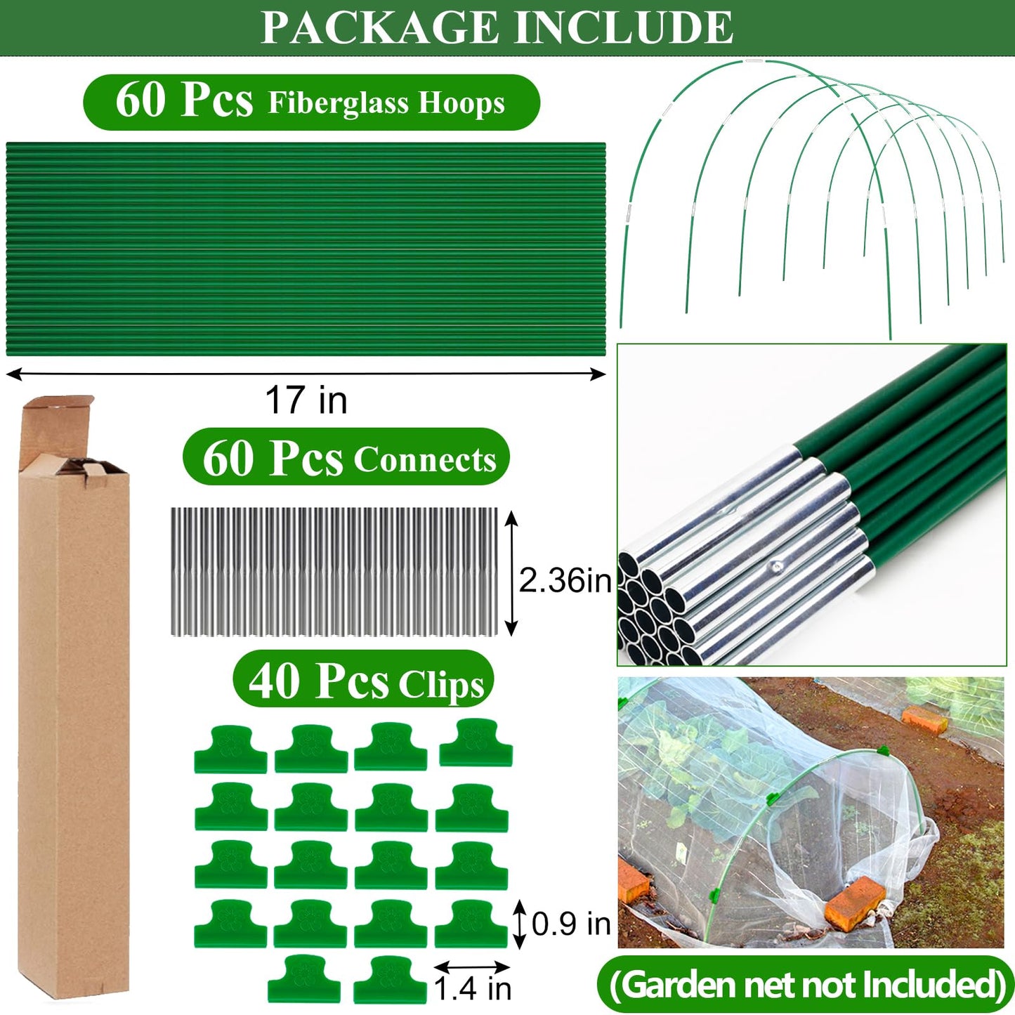 WYRJXYB 60Pcs Greenhouse Hoops Grow Tunnel for Raised Beds Netting,Flexible Garden Hoop Kit, Rust-Free Fiberglass Garden Hoops Frame for Graden Bed Plant Row Cover,DIY Plant Support Stakes-40Pcs Clips