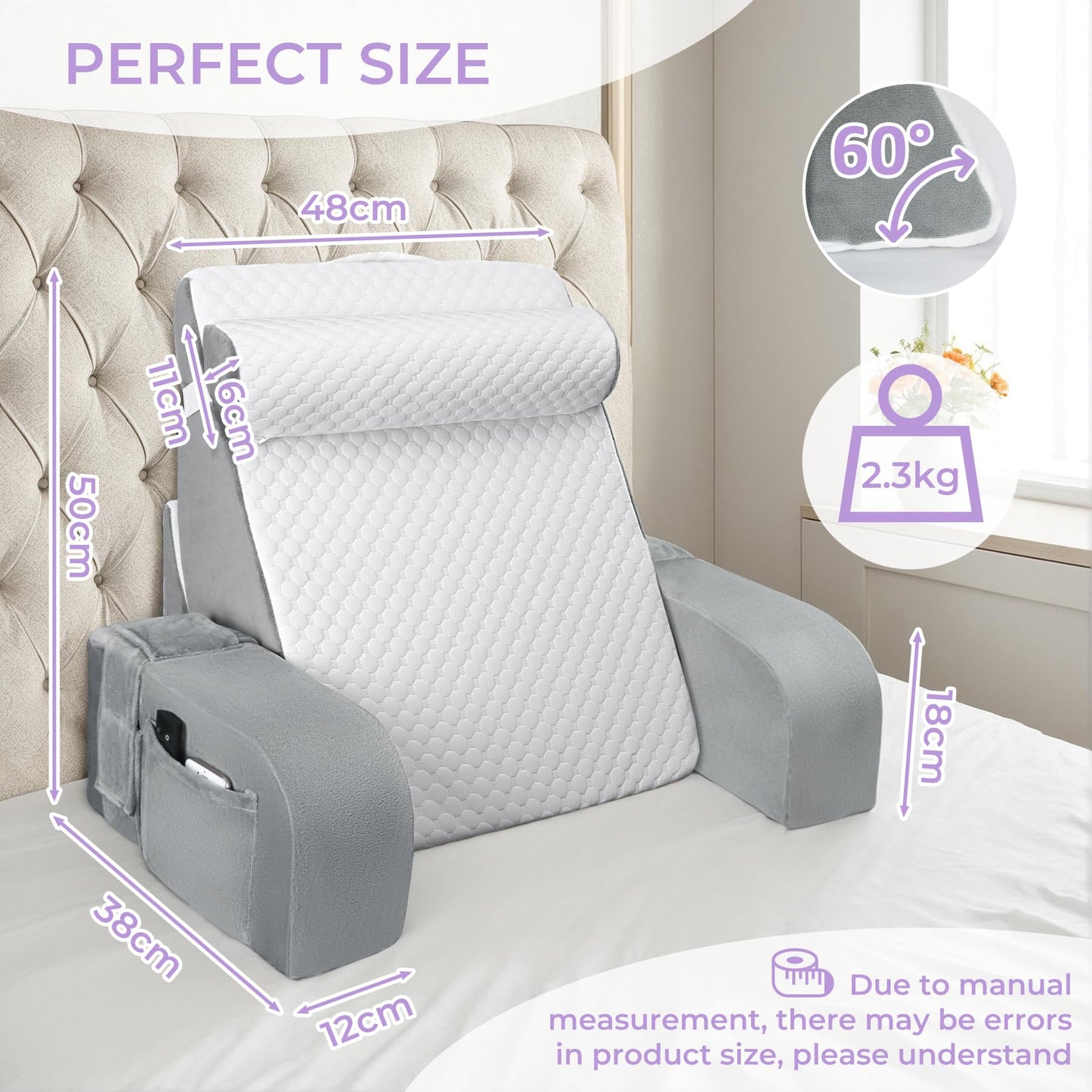 Babenest Reading Pillow for Sitting in Bed Adult, Back Support Pillow with Detachable Headrest & Armrests for Watching TV on Couch or Floor, Bed Chair Backrest Pillow for Working/Gaming/Relaxing