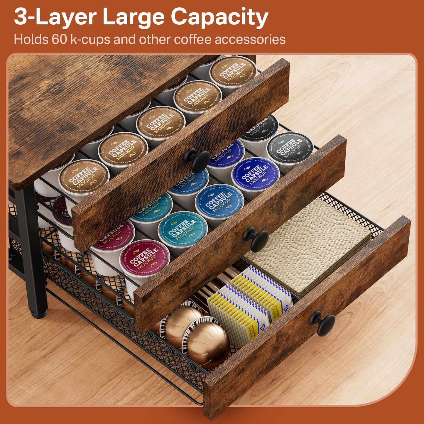 Plaviya Coffee Pod Holder for Counter, 3 Tier Coffee Bar Organizer for K Cup Capsules, 60 Capacity Pods Storage Organizer Cups Capsule with Sliding Baskets for Coffe Bar, Kitchen