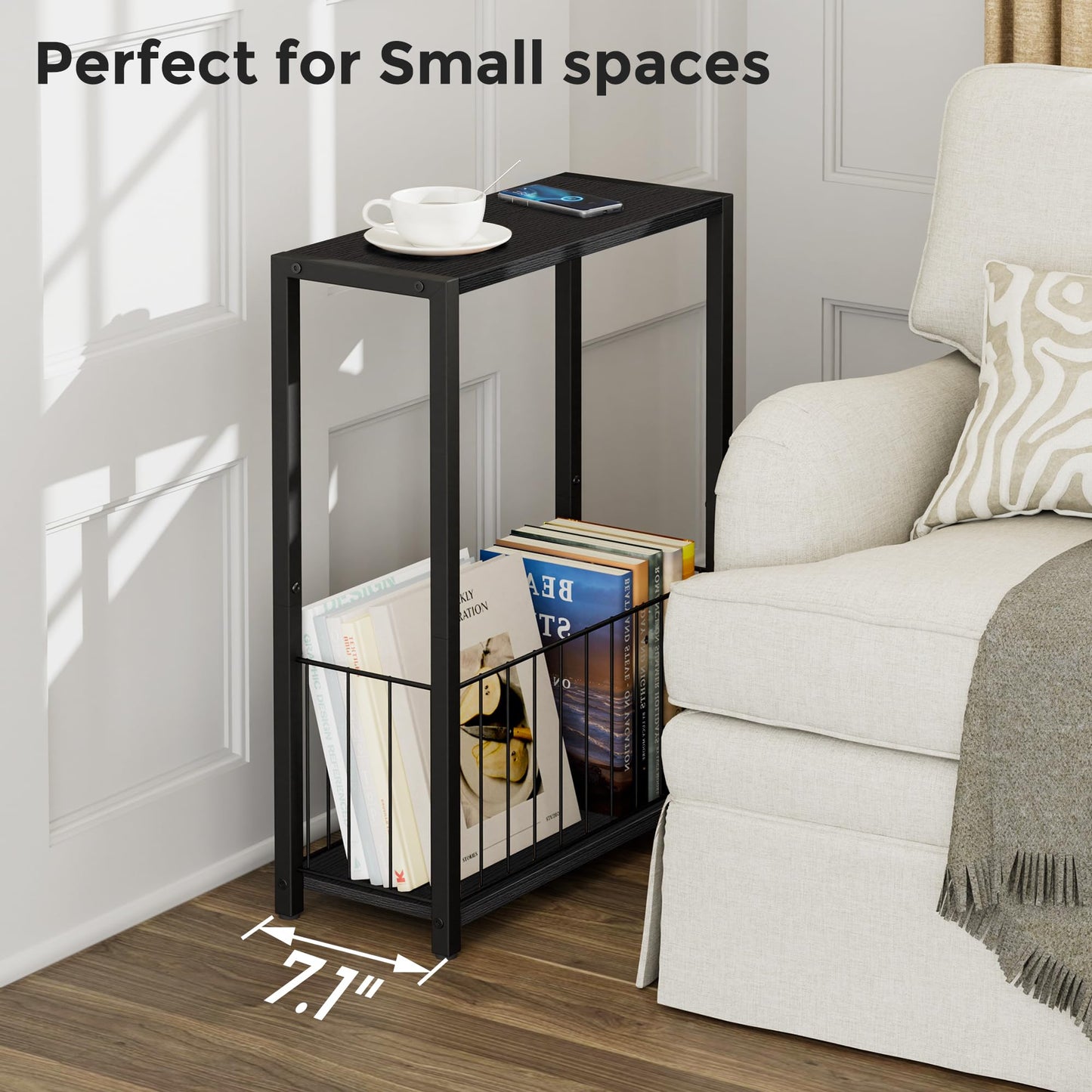 Homleke Narrow Side Table with Magazine Holder, Skinny End Table Perfect for Small Spaces, Space-Saving Design for Living Room, Bedroom, or Office, 18 x 43 x 60 cm, Black