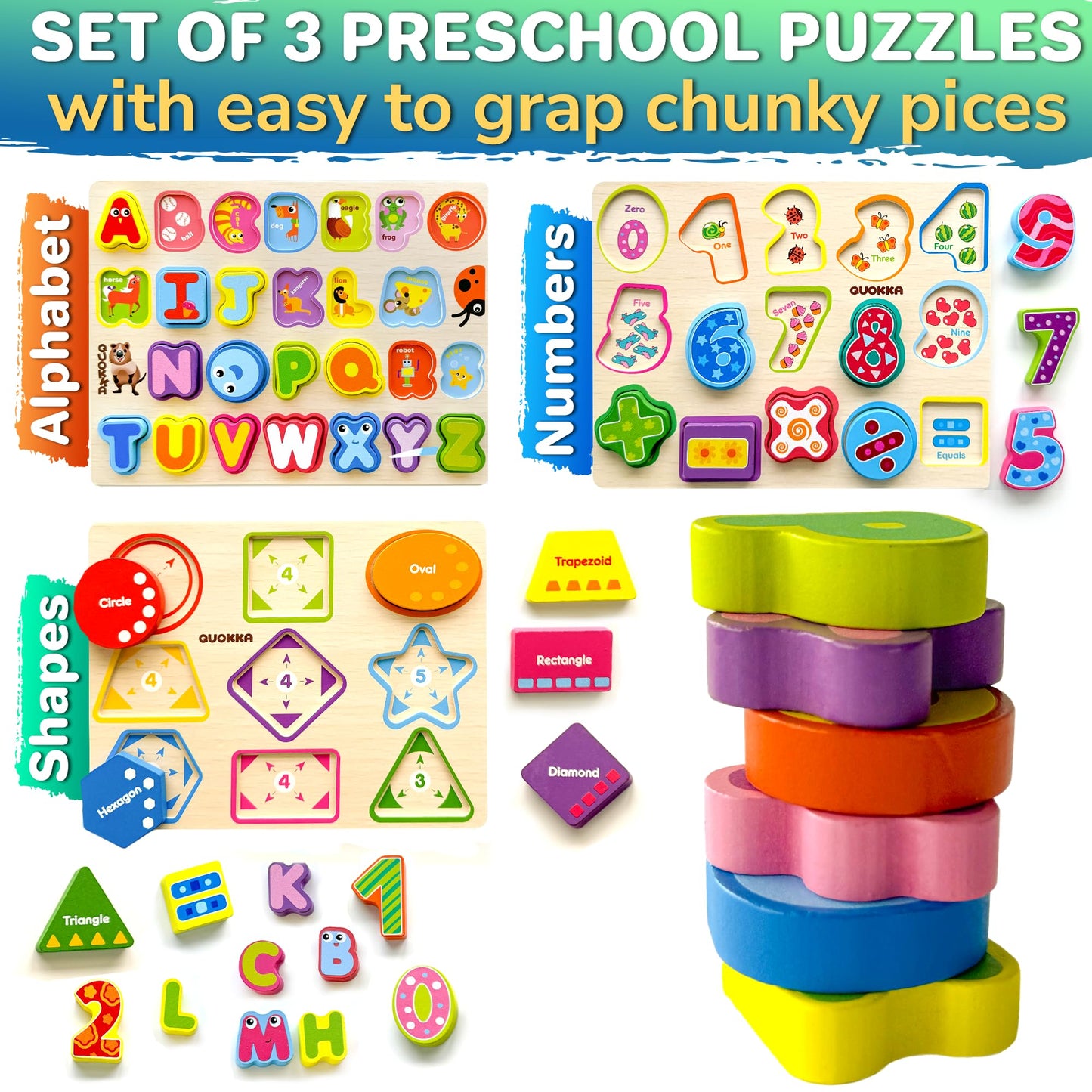 QUOKKA Wooden Puzzles for Toddlers 2-4 - Chunky Toddler Puzzles Ages 3-5 - Learning Travel Game with Numbers Alphabet Shapes - Wood Educational Gift for Boys and Girls