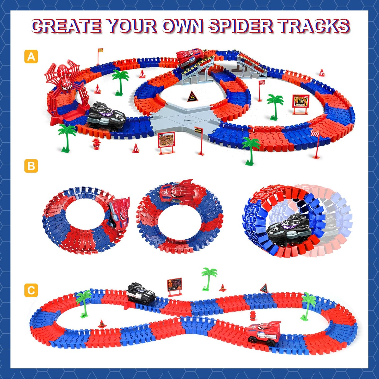 Spider Toys Race Car Track Set 212 PCS for Kids Ages 3-8, Interactive Building Toy with Monster Truck and Car Ramps, Educational STEM Learning Gift for 3 4 5 6 Year Old Boys and Girls